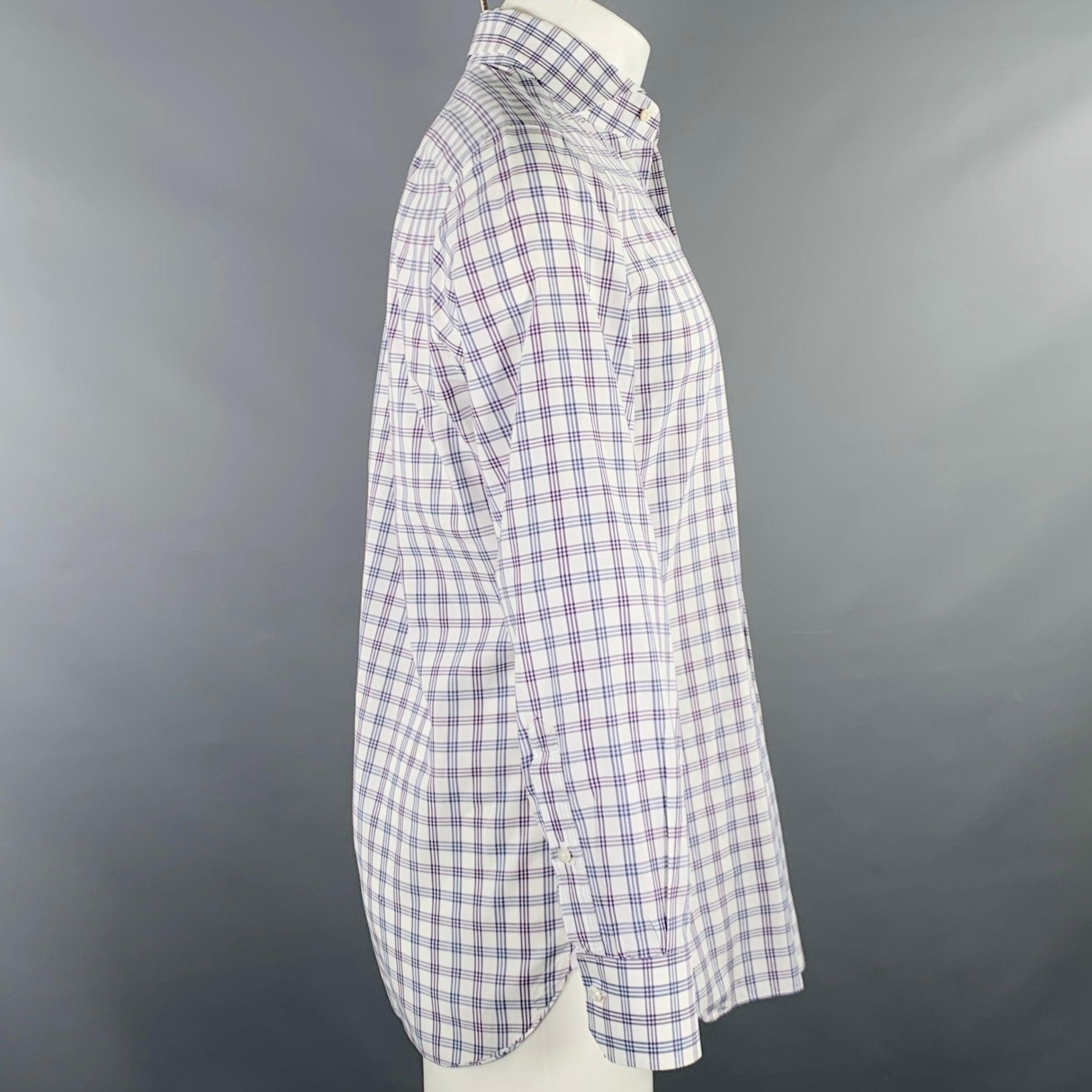 Gray ISAIA Size M White Grey Purple Plaid Cotton Spread Collar Long Sleeve Shirt For Sale