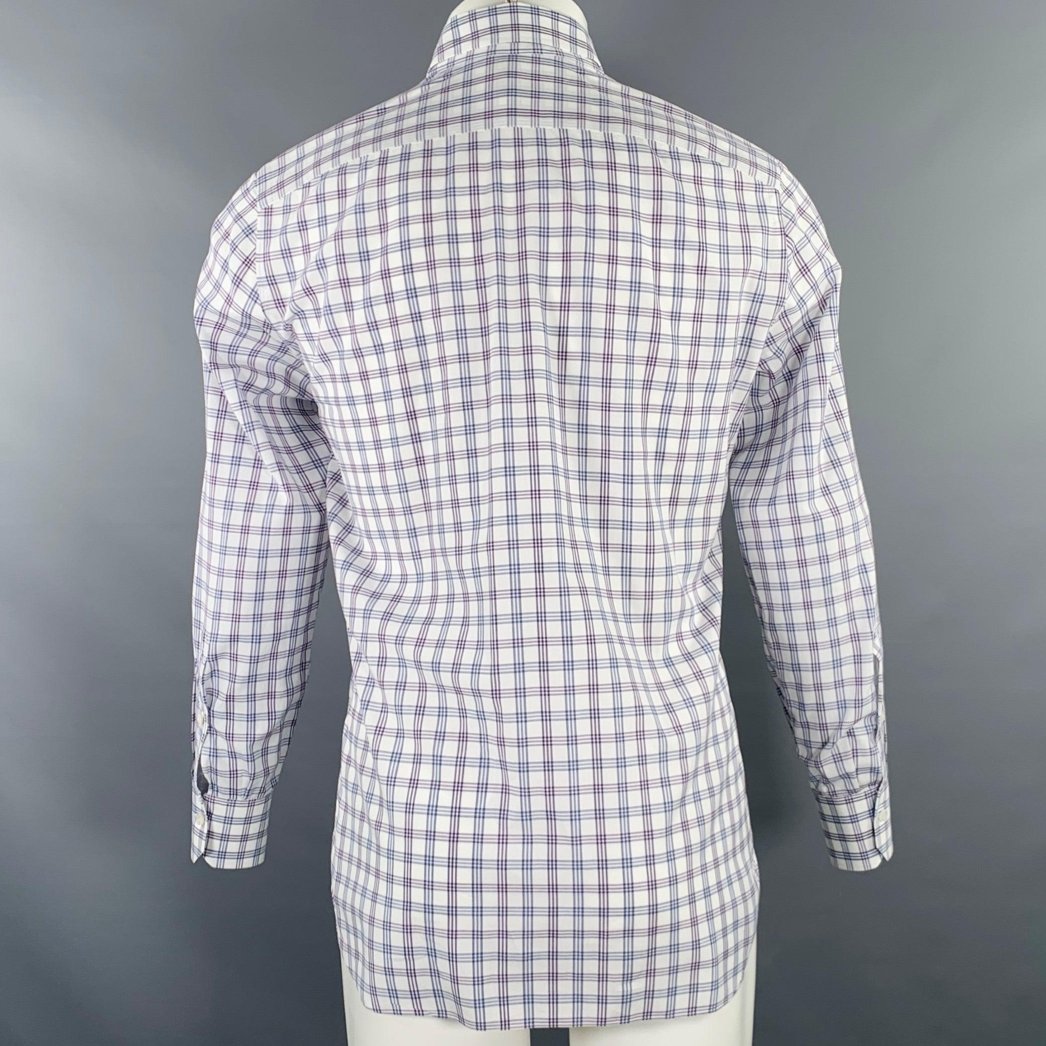 ISAIA Size M White Grey Purple Plaid Cotton Spread Collar Long Sleeve Shirt In Excellent Condition For Sale In San Francisco, CA