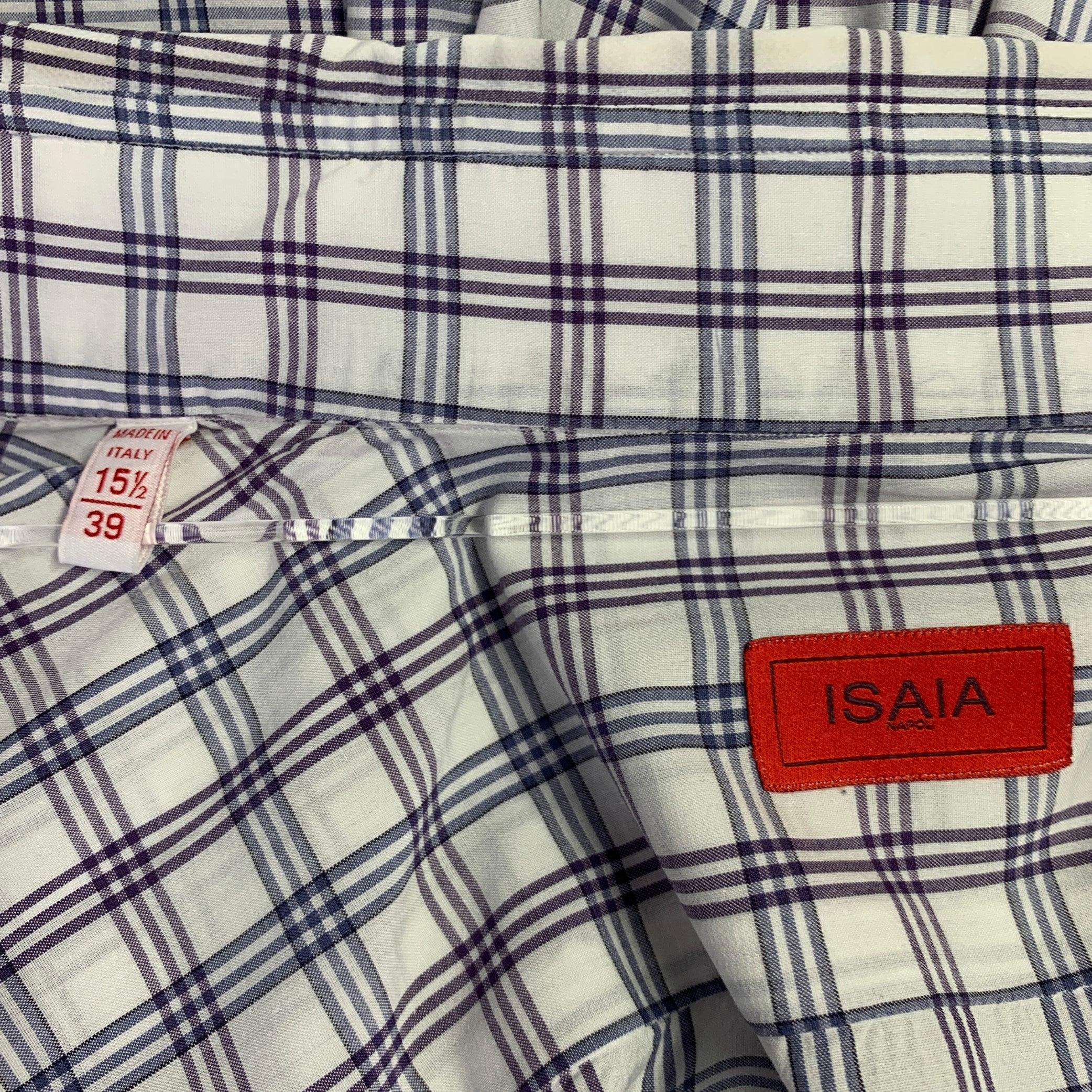 Men's ISAIA Size M White Grey Purple Plaid Cotton Spread Collar Long Sleeve Shirt For Sale