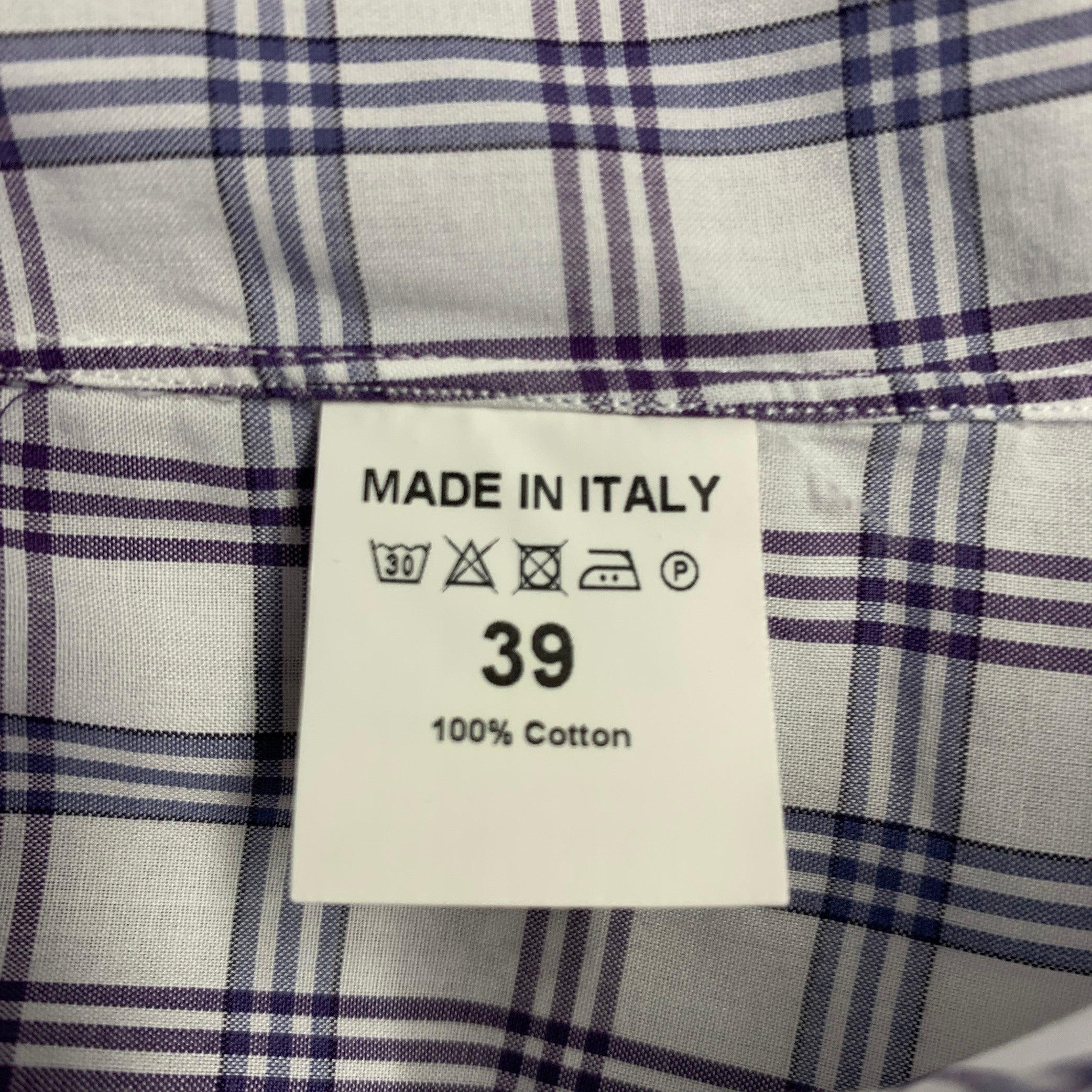 ISAIA Size M White Grey Purple Plaid Cotton Spread Collar Long Sleeve Shirt For Sale 1
