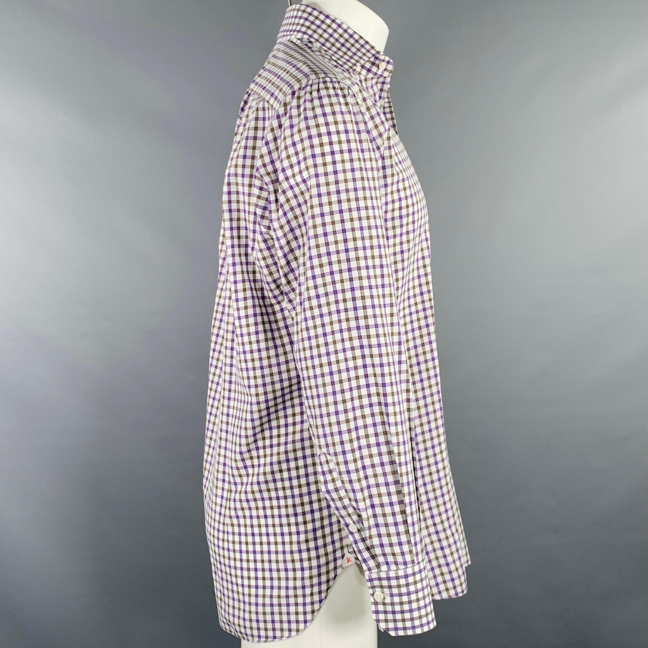 Gray ISAIA Size M White Purple Brown Checkered Cotton Long Sleeve Shirt For Sale