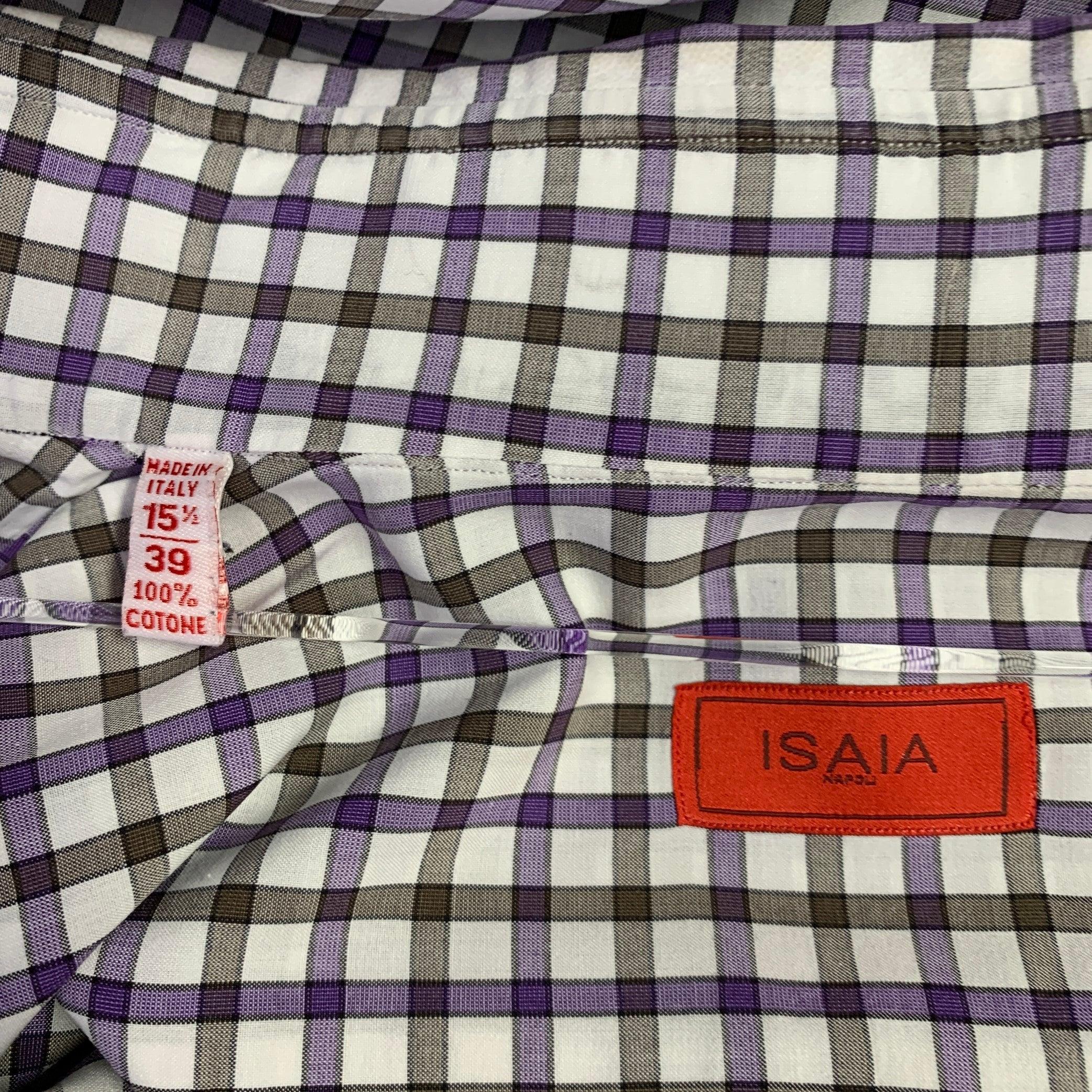 Men's ISAIA Size M White Purple Brown Checkered Cotton Long Sleeve Shirt For Sale