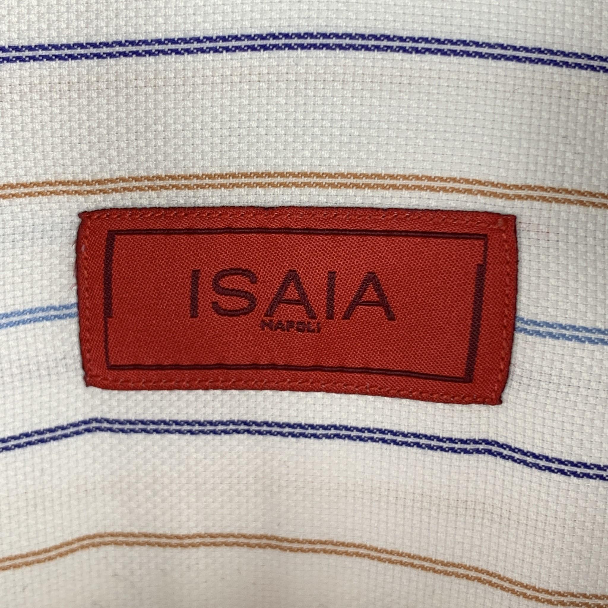 ISAIA Size M White Stripe Cotton Button Up Long Sleeve Shirt In Excellent Condition In San Francisco, CA
