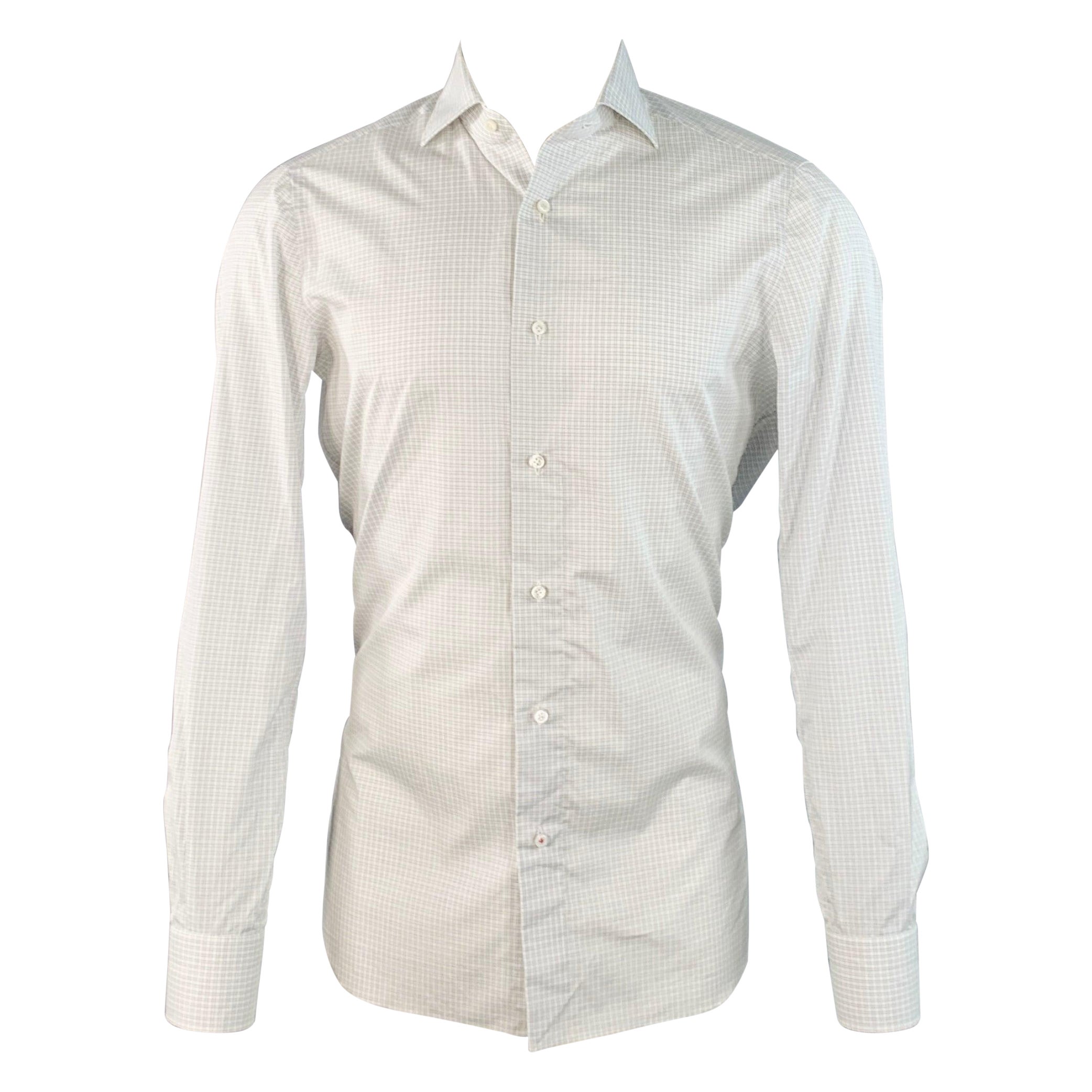 ISAIA Size S White Grey Checkered Cotton Spread Collar Long Sleeve Shirt
