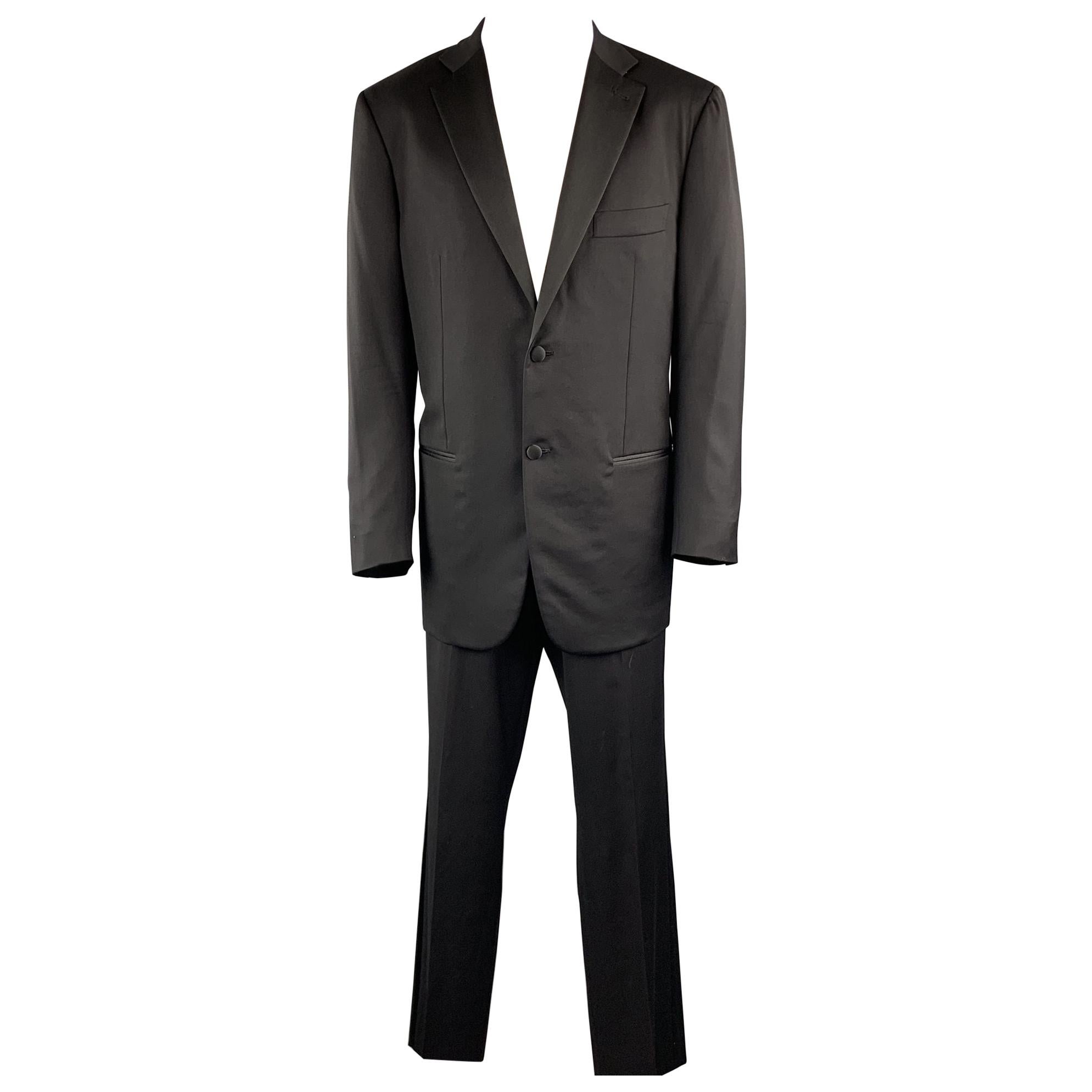 ISAIA Long Size 48 Charcoal and Black Two Toned Wool / Silk Peak Lapel ...