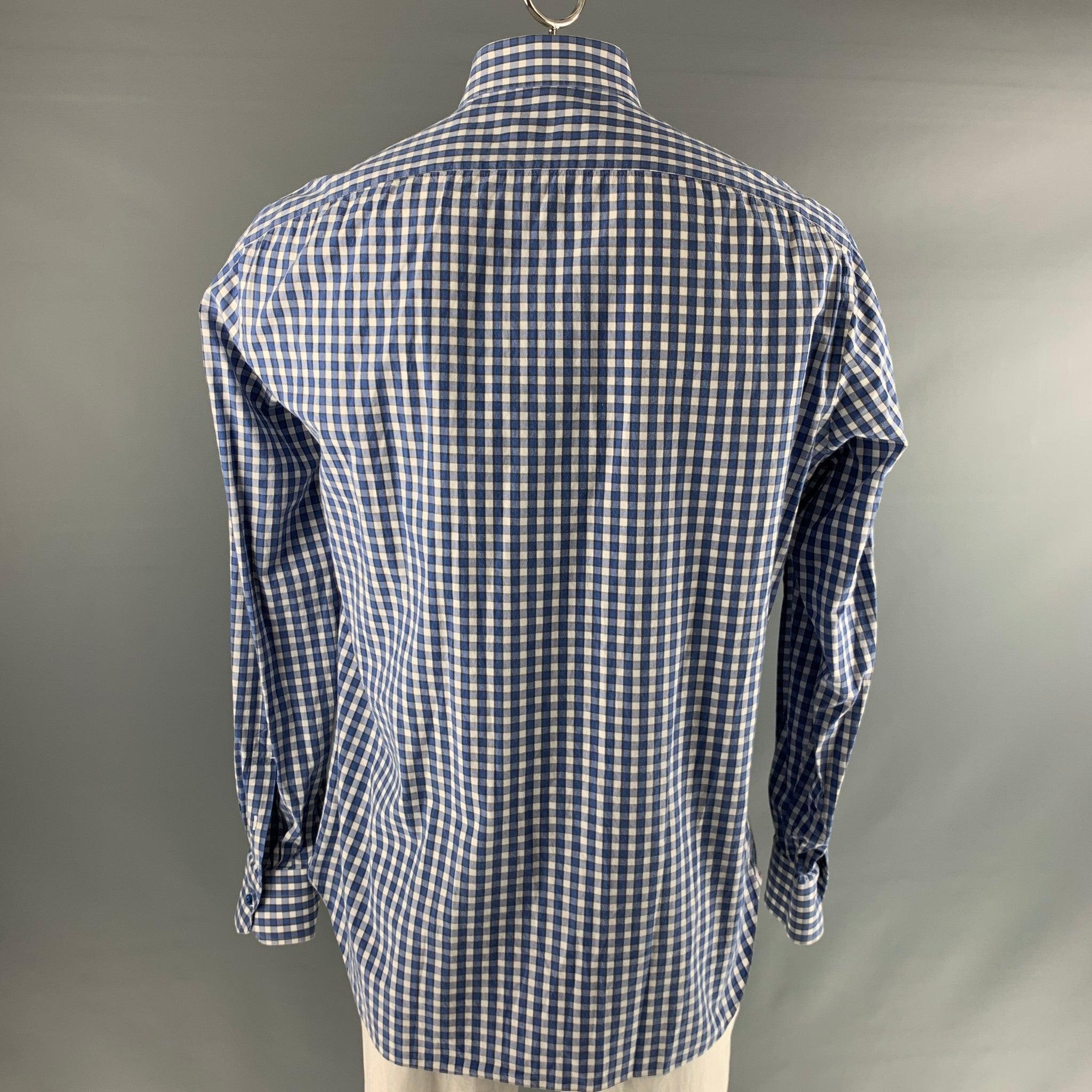 ISAIA Size XL Blue White Checkered Cotton Long Sleeve Shirt In Good Condition For Sale In San Francisco, CA