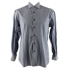 ISAIA Size XL Blue White Checkered Cotton Long Sleeve Shirt