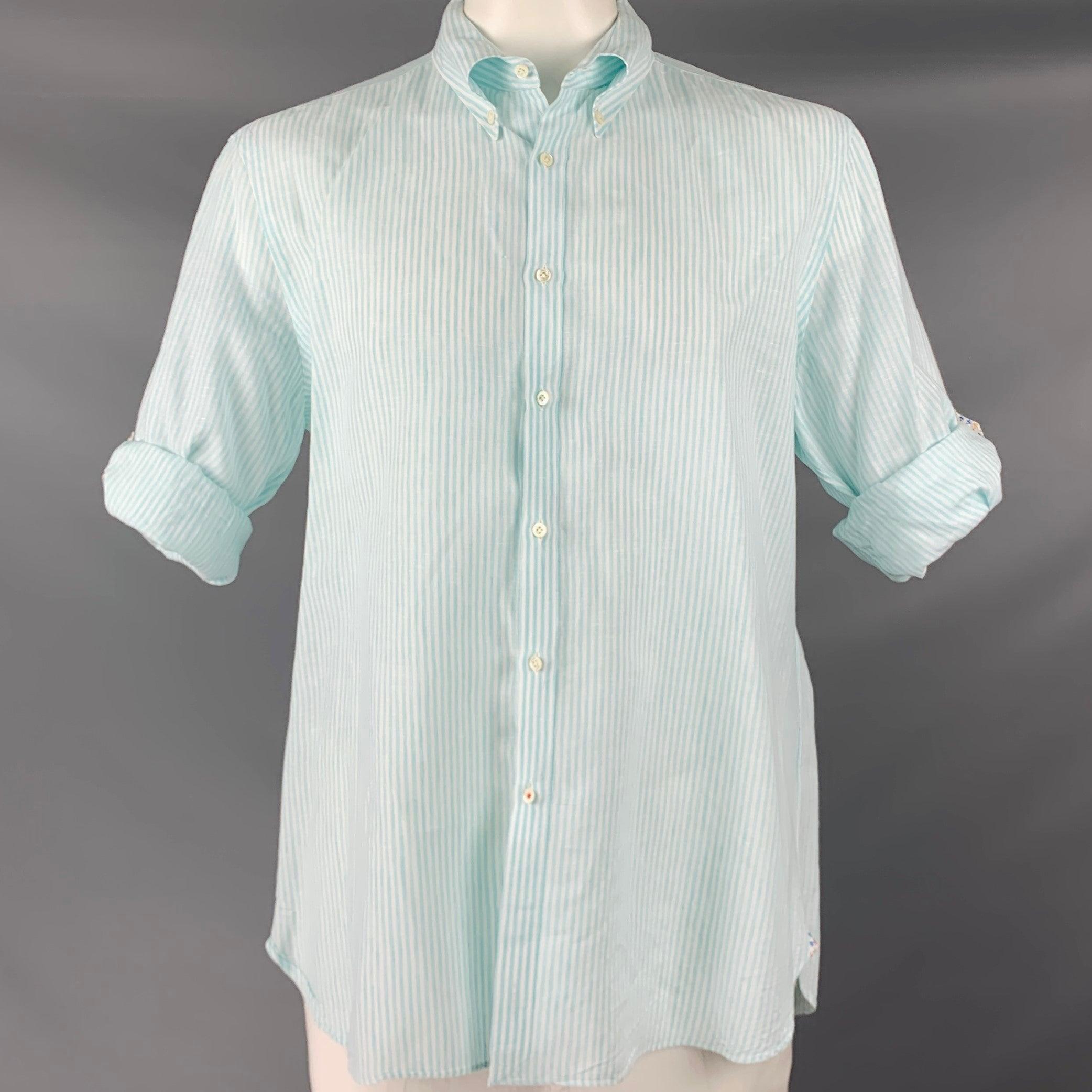 ISAIA
long sleeve shirt in an aqua blue and white linen cotton blend fabric featuring a vertical stripe pattern, roll tab sleeves for the option of a casual look, and button closure. Made in Italy.Excellent Pre-Owned Condition. 

Marked:   17.5/44
