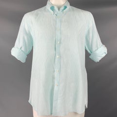 ISAIA Size XL Blue White Stripe Linen Cotton Roll Tab Long Sleeve Shirt
