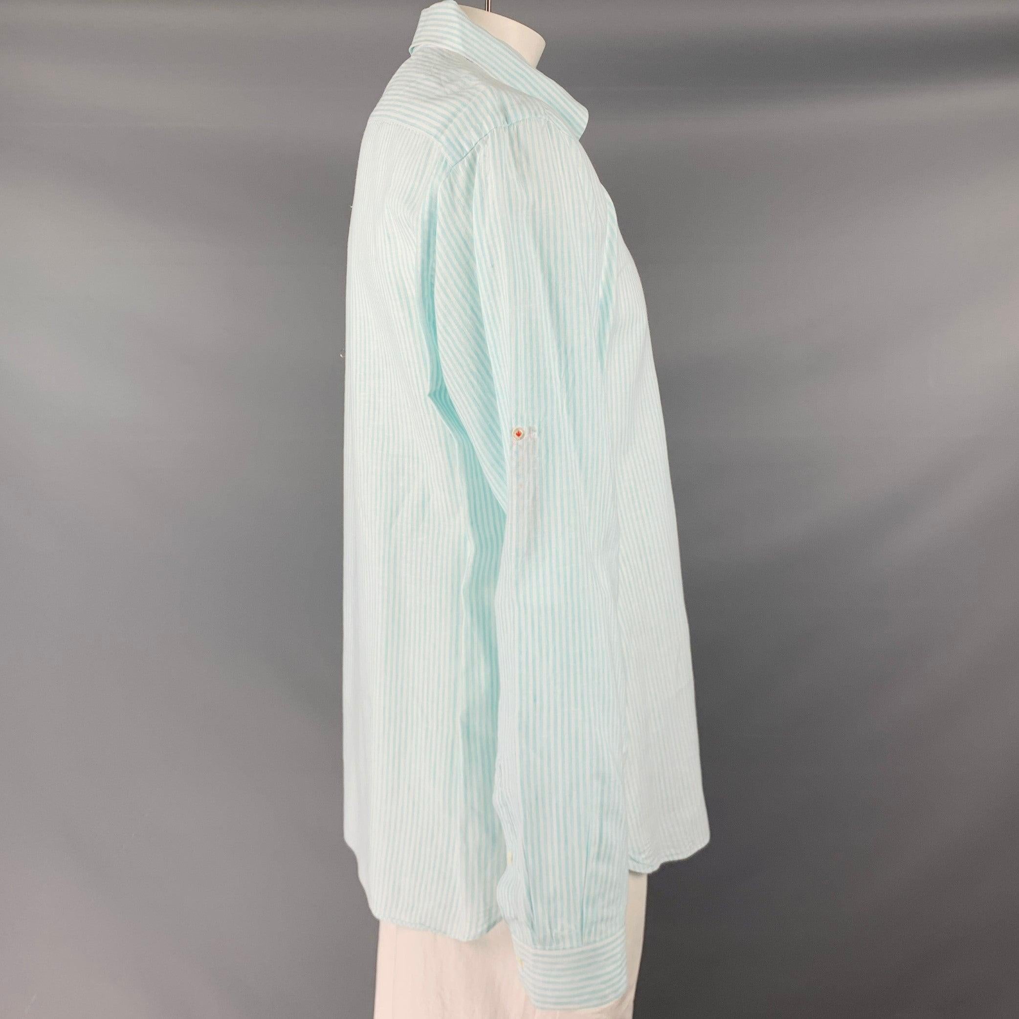 Gray ISAIA Size XL Blue White Stripe Linen Cotton Roll Tab Long Sleeve Shirt For Sale
