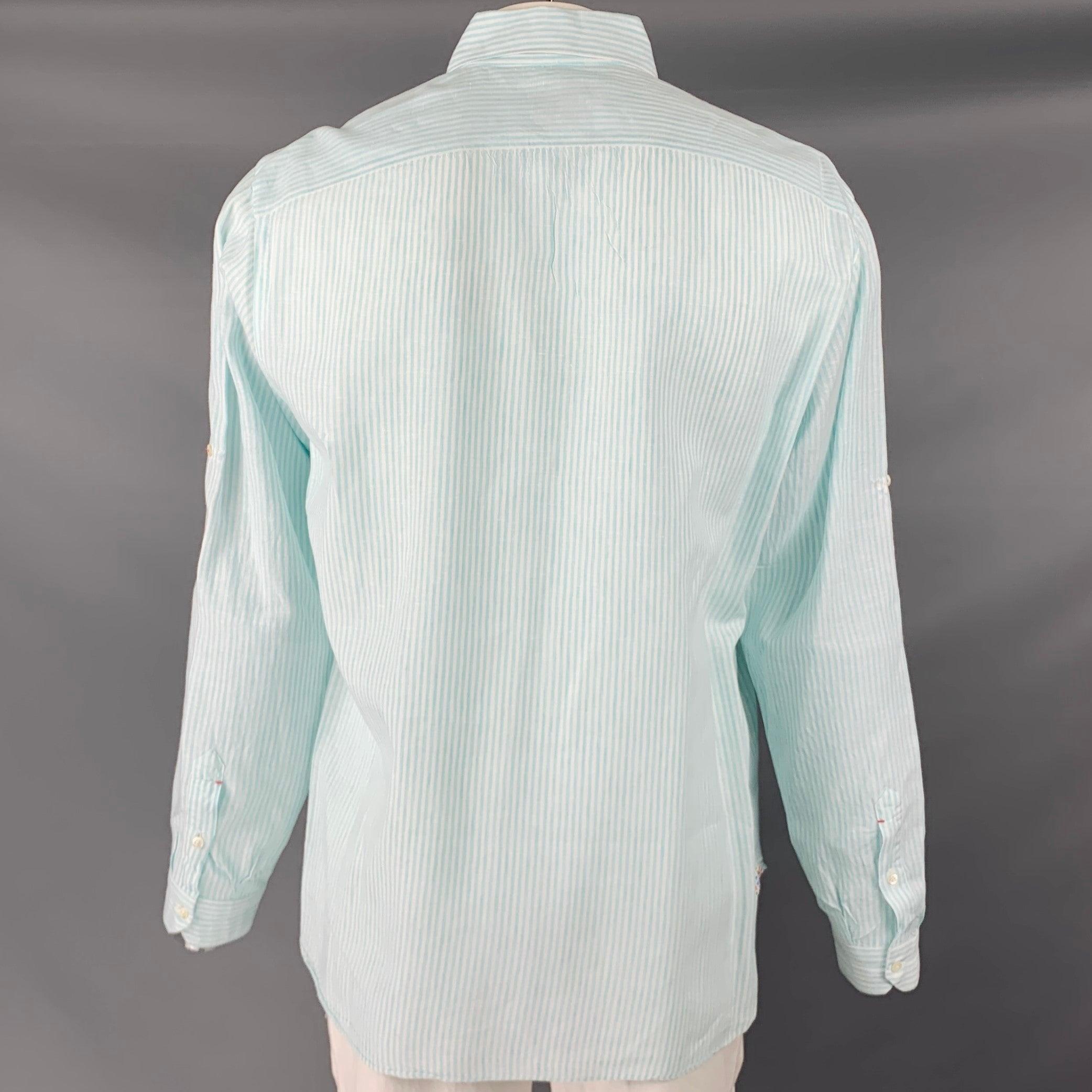 ISAIA Size XL Blue White Stripe Linen Cotton Roll Tab Long Sleeve Shirt In Excellent Condition For Sale In San Francisco, CA
