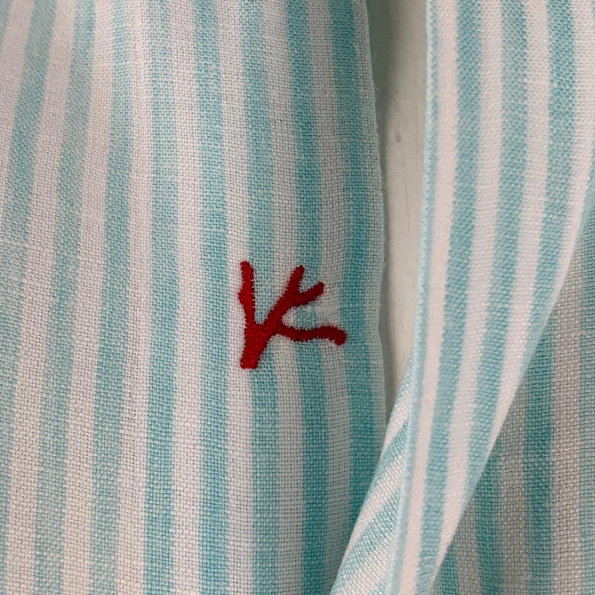 Men's ISAIA Size XL Blue White Stripe Linen Cotton Roll Tab Long Sleeve Shirt For Sale