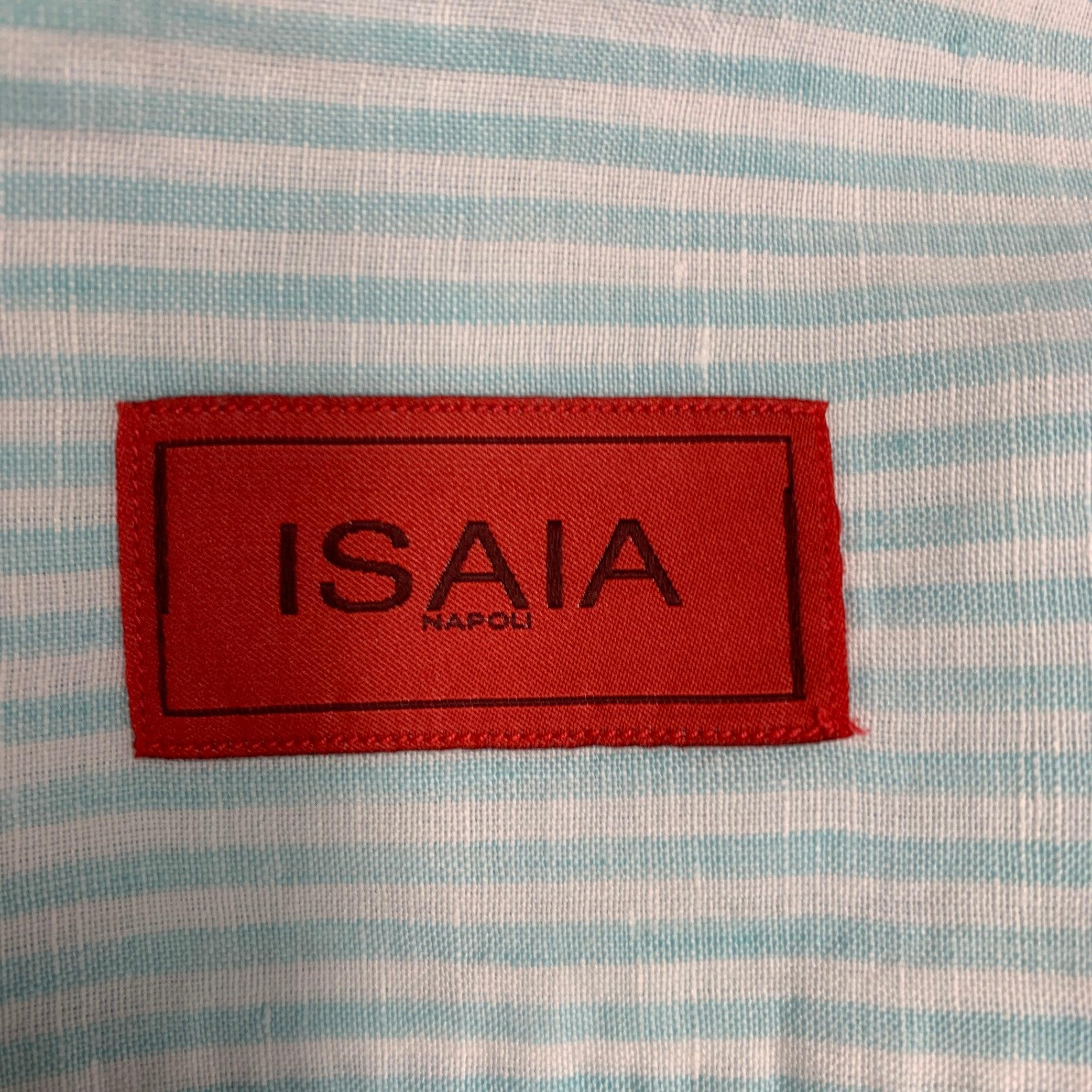 ISAIA Size XL Blue White Stripe Linen Cotton Roll Tab Long Sleeve Shirt For Sale 1