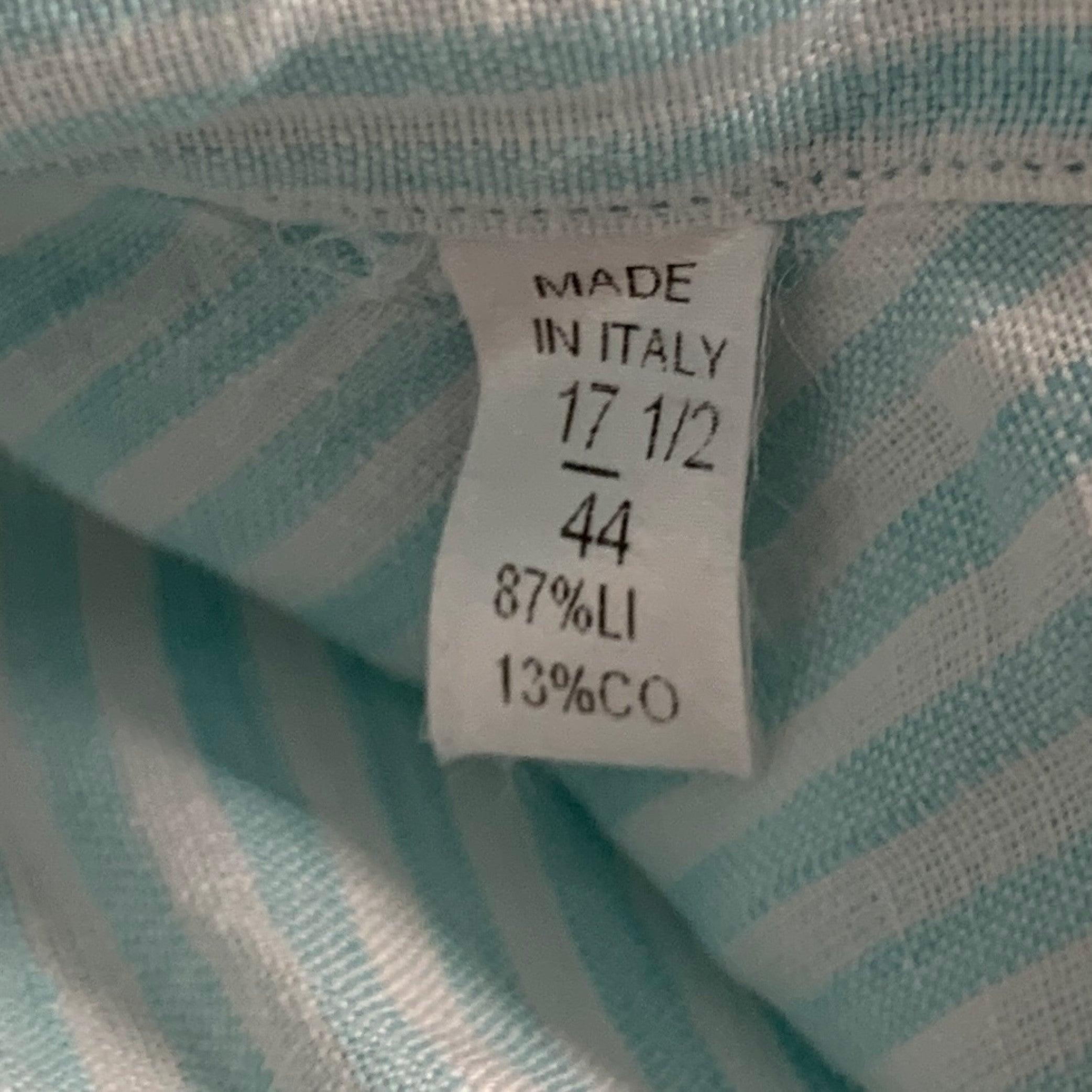 ISAIA Size XL Blue White Stripe Linen Cotton Roll Tab Long Sleeve Shirt For Sale 2