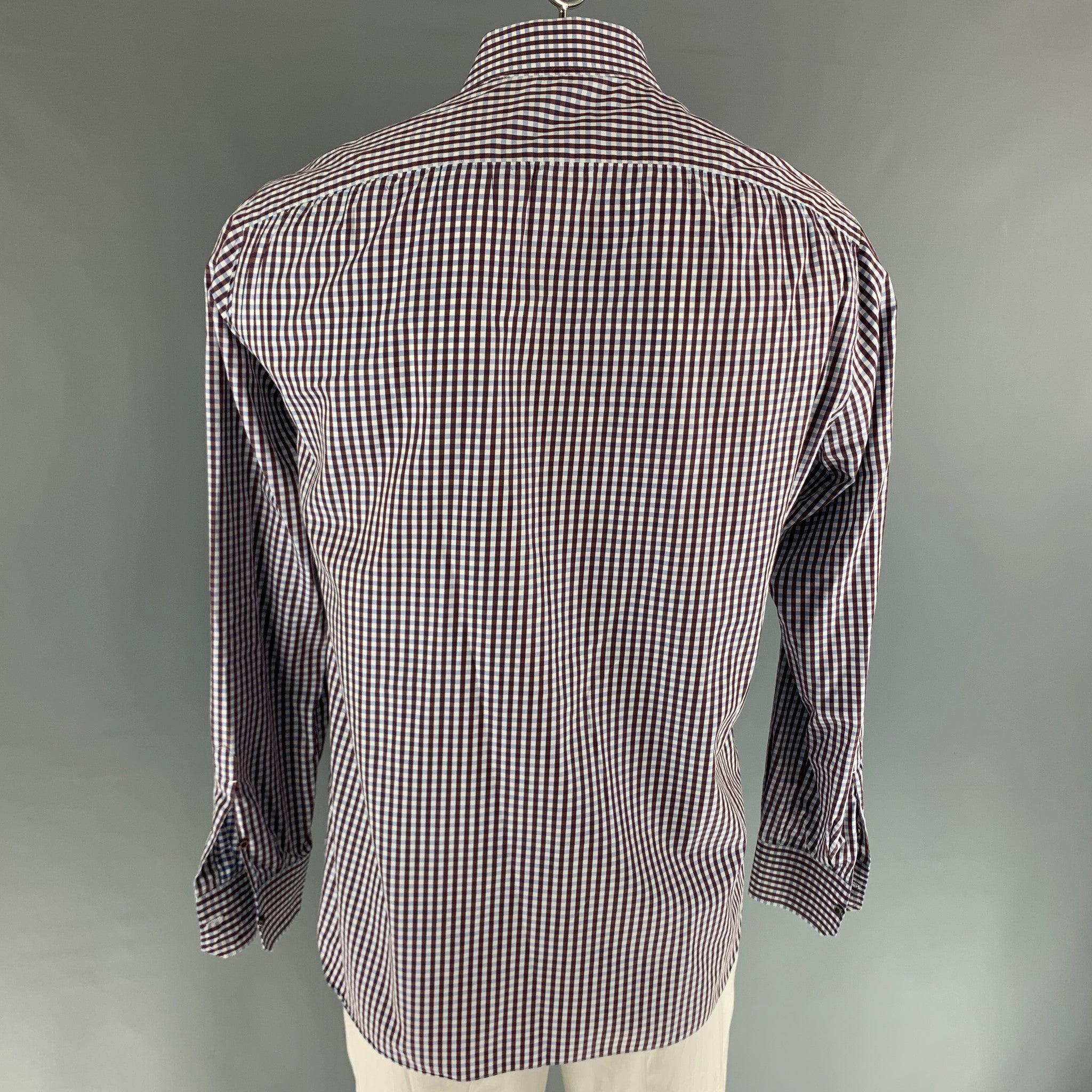 Isaia Size XL Brown Blue Checkered Cotton Long Sleeve Shirt (Chemise à manches longues en coton à carreaux) Bon état - En vente à San Francisco, CA