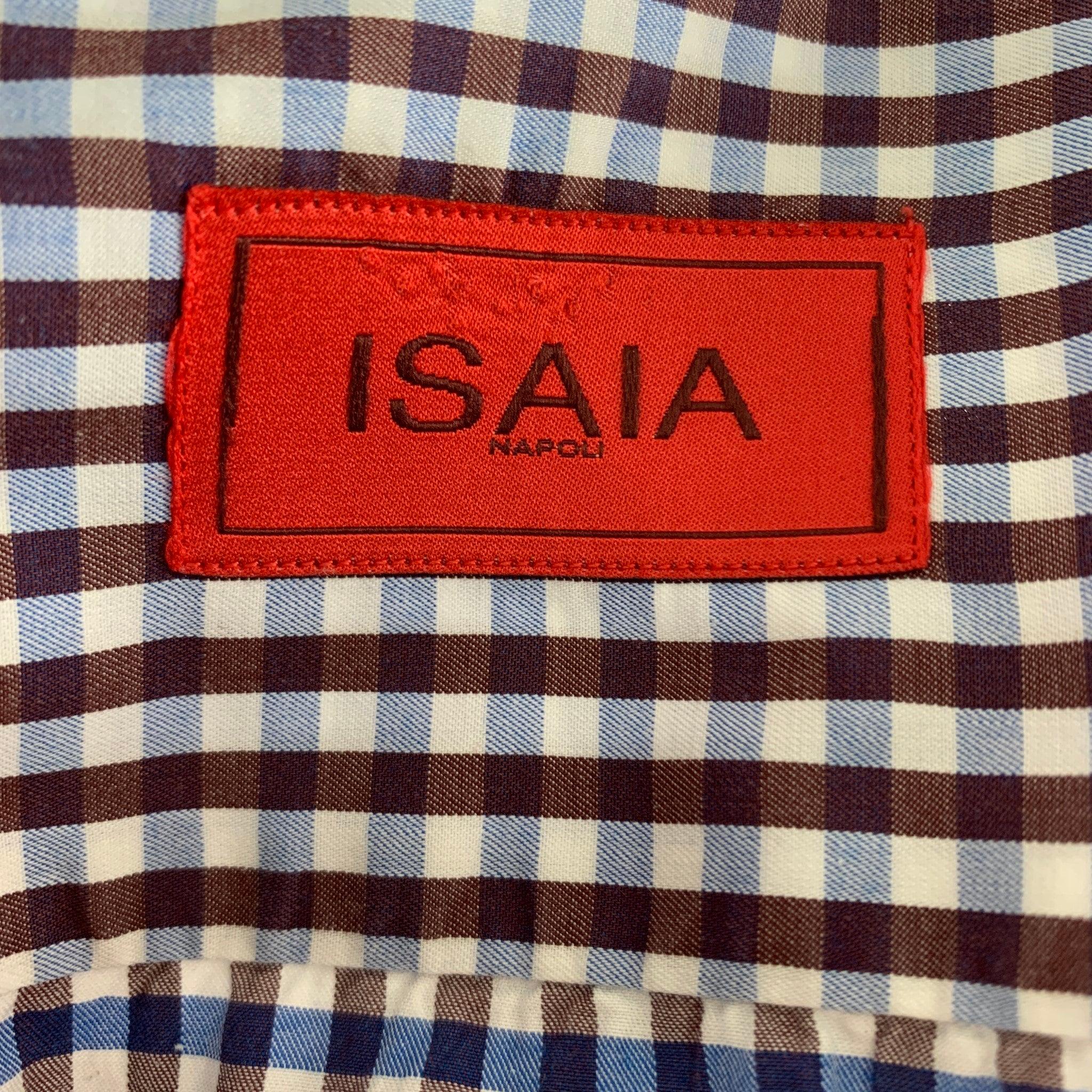 Isaia Size XL Brown Blue Checkered Cotton Long Sleeve Shirt (Chemise à manches longues en coton à carreaux) Pour hommes en vente
