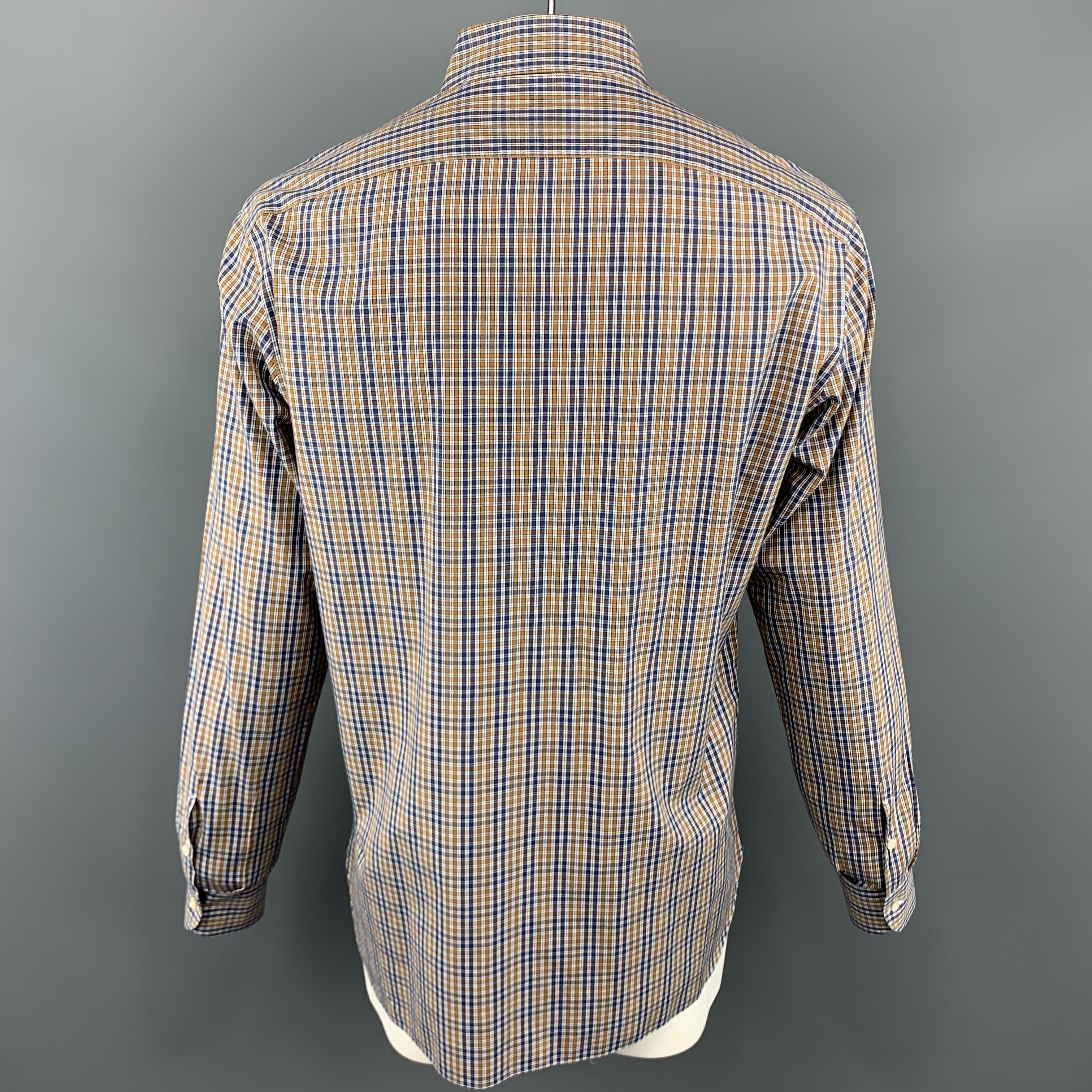 ISAIA Size XL Plaid Navy & Brown Cotton Button Up Long Sleeve Shirt In Excellent Condition In San Francisco, CA