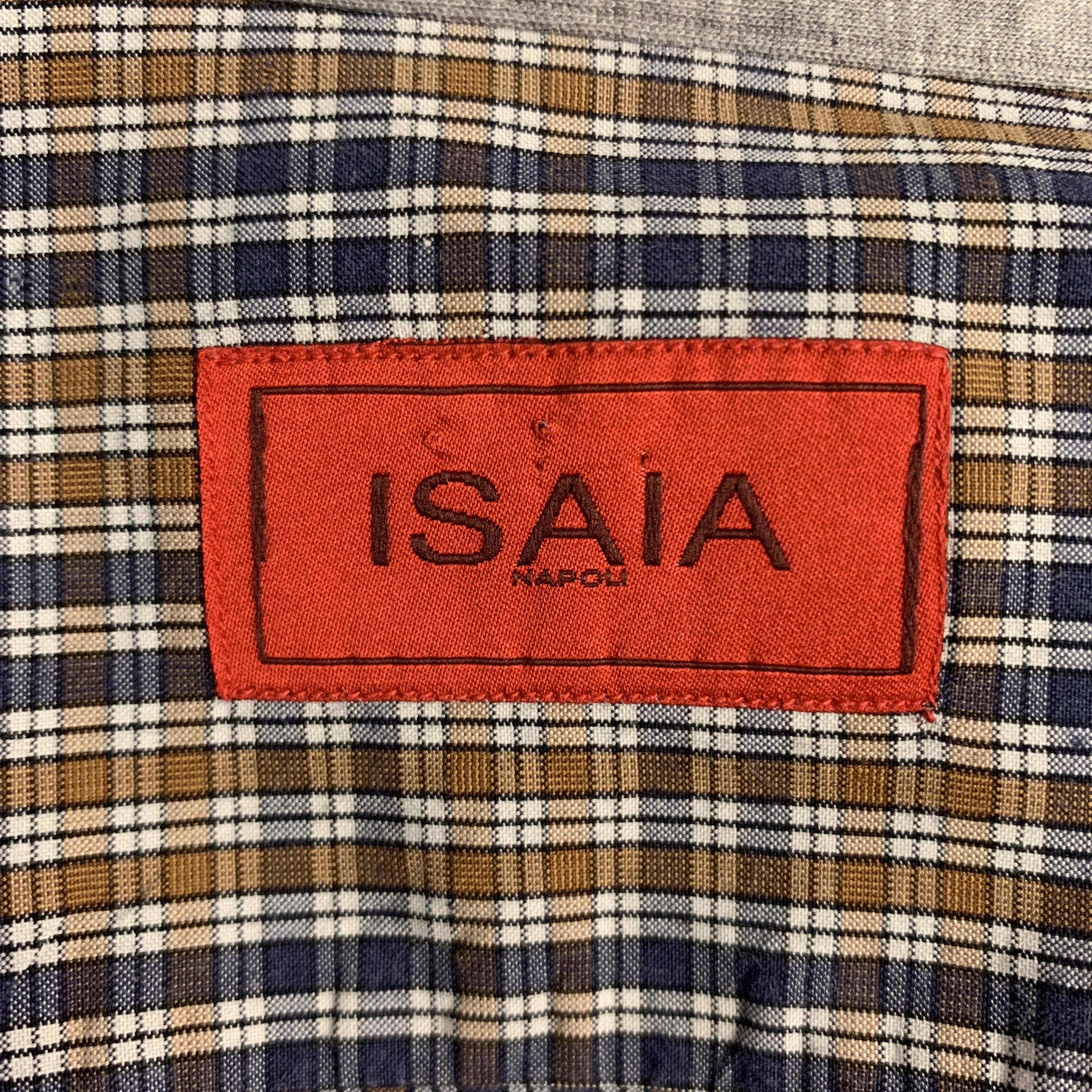 ISAIA Size XL Plaid Navy & Brown Cotton Button Up Long Sleeve Shirt 3