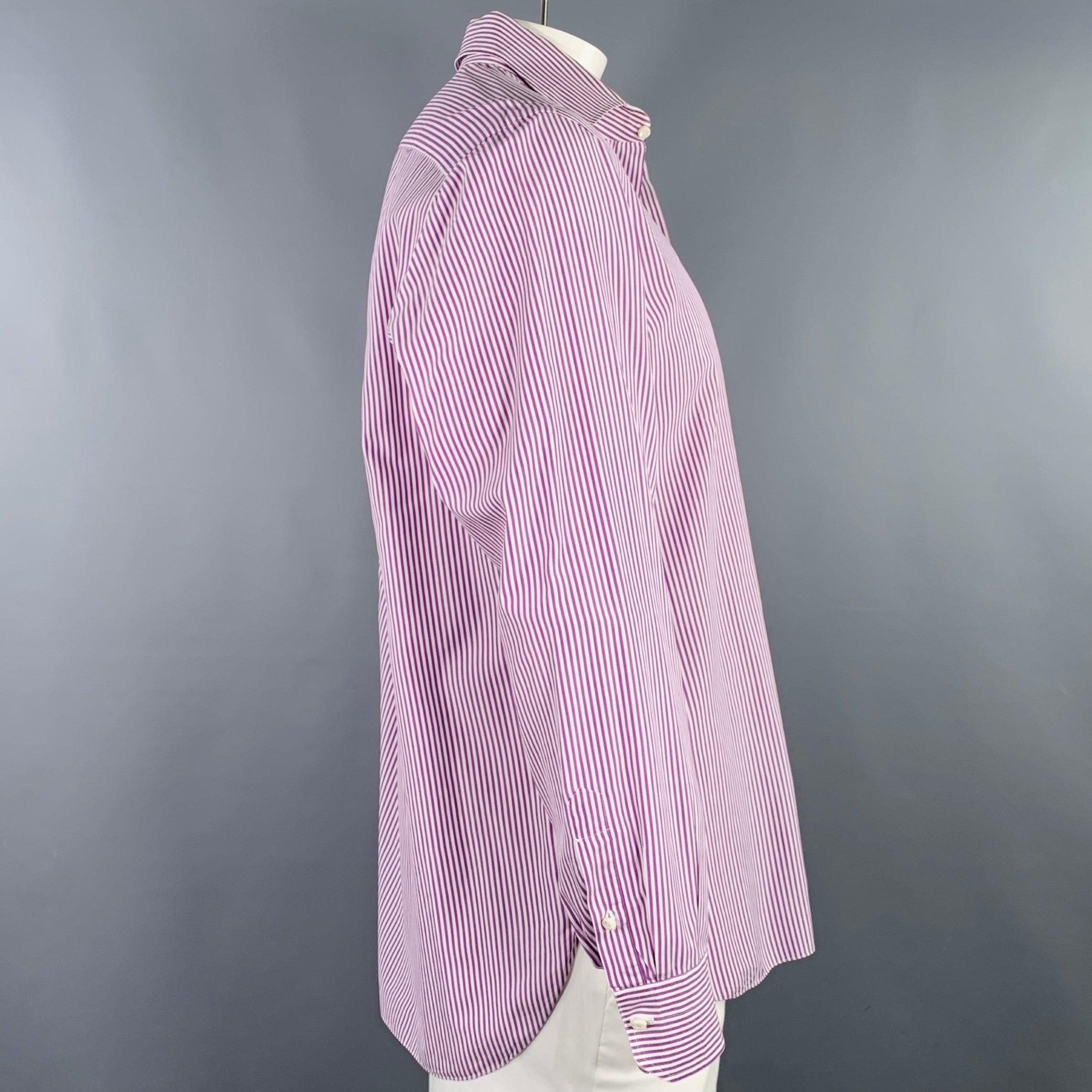 ISAIA long sleeve shirt
in a purple and white cotton woven fabric featuring a stripe pattern, curved cutaway collar, and button closure. Made in Italy.Very Good Pre-Owned Condition. Minor mark, as is. 

Marked:   17/43 

Measurements: 
 
Shoulder: