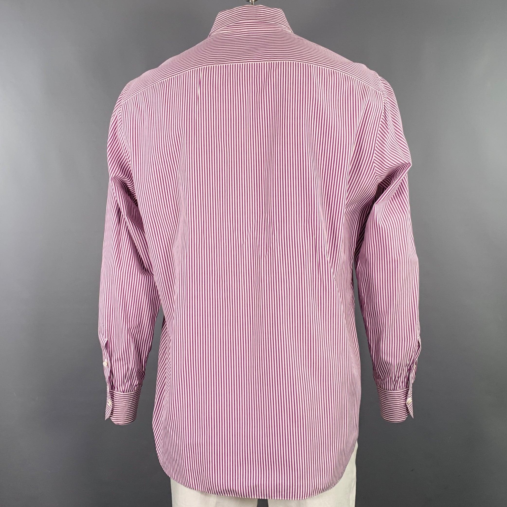 ISAIA Size XL Purple White Stripe Cotton Long Sleeve Shirt In Good Condition In San Francisco, CA