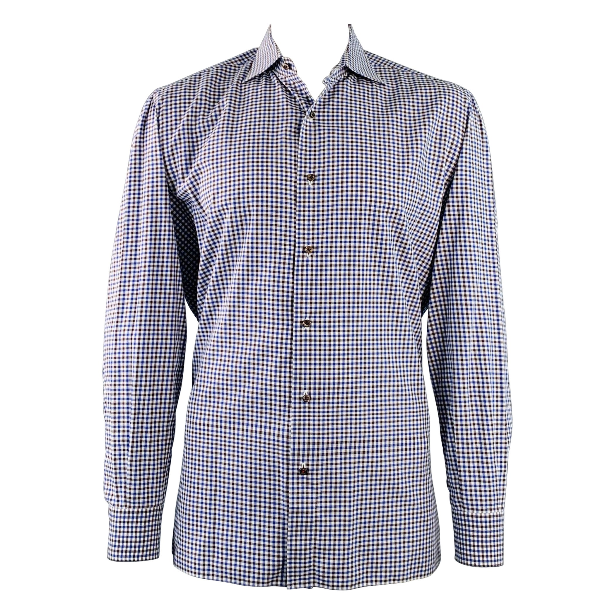 ISAIA Size XL White Blue Brown Plaid Cotton Button Up Long Sleeve Shirt