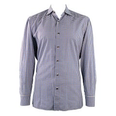 ISAIA Size XL White Blue Brown Plaid Cotton Button Up Long Sleeve Shirt