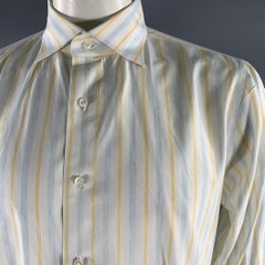 ISAIA Size XL White Blue Yellow Stripe Cotton Pointed Collar Long Sleeve Shirt