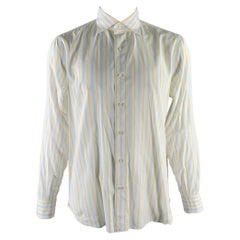 ISAIA Size XL White Blue Yellow Stripe Cotton Pointed Collar Long Sleeve Shirt