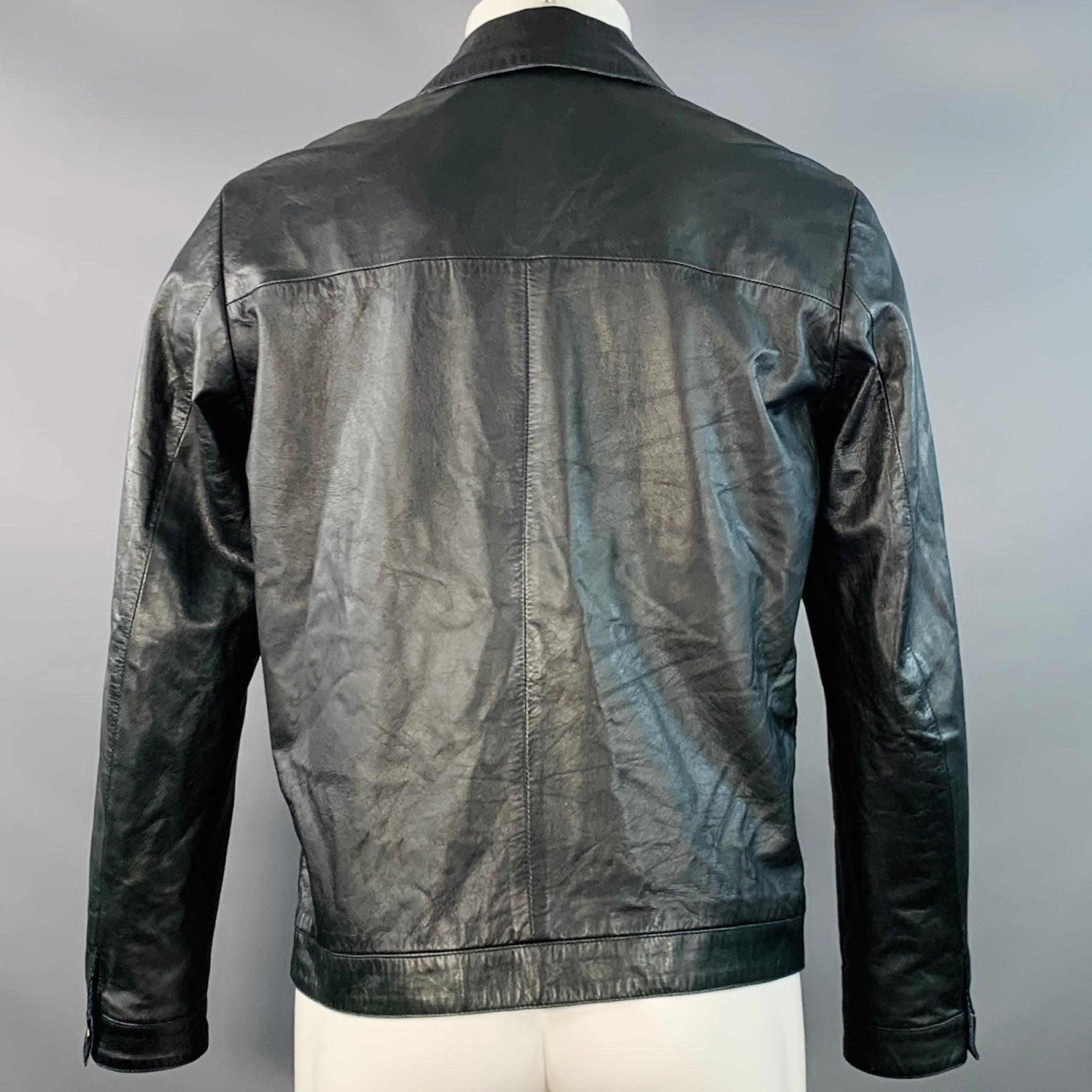 ISAIA SS13 Größe M Schwarz Blau Weiß Reversible Zip Up Lammfell Lederjacke Herren im Angebot