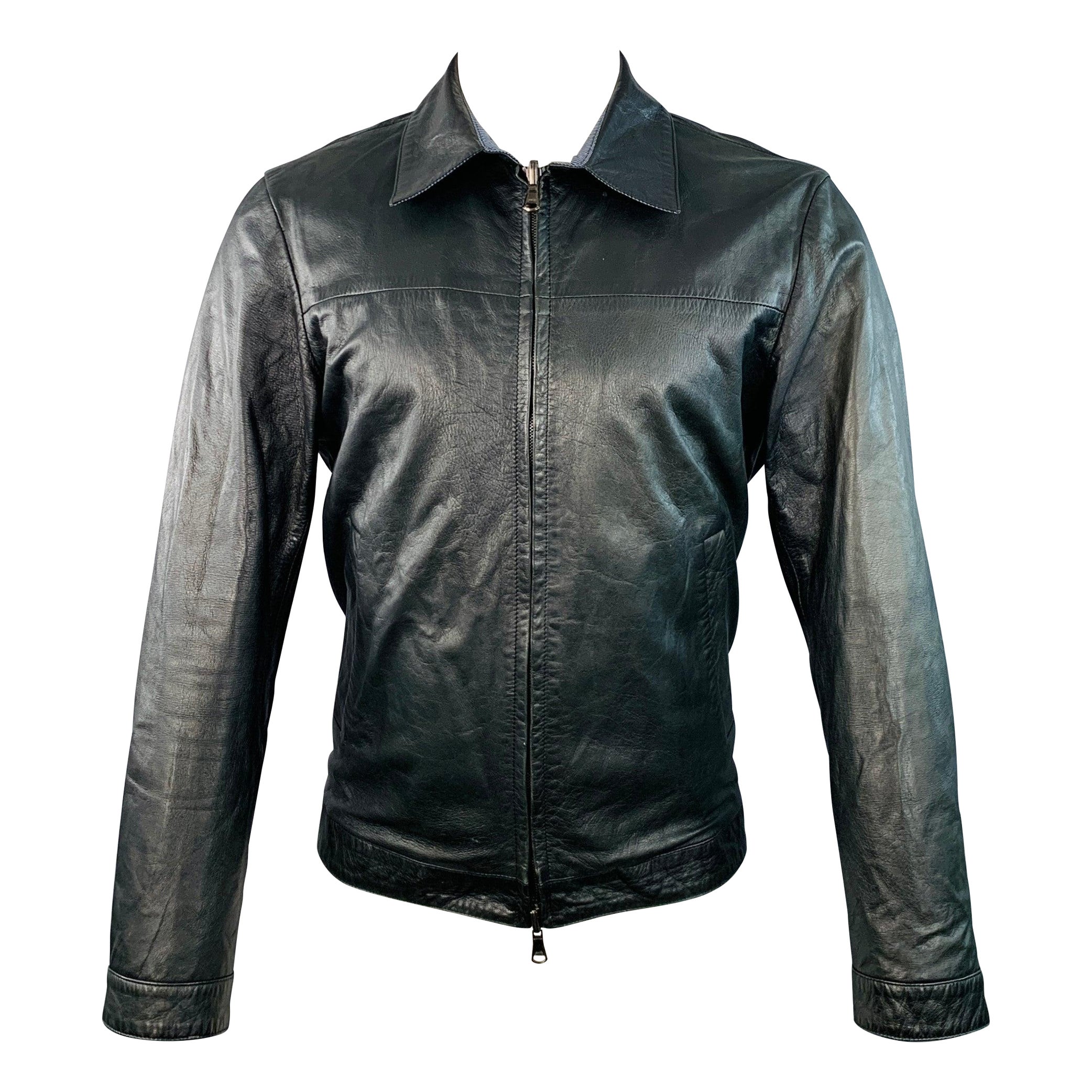 ISAIA SS13 Größe M Schwarz Blau Weiß Reversible Zip Up Lammfell Lederjacke im Angebot