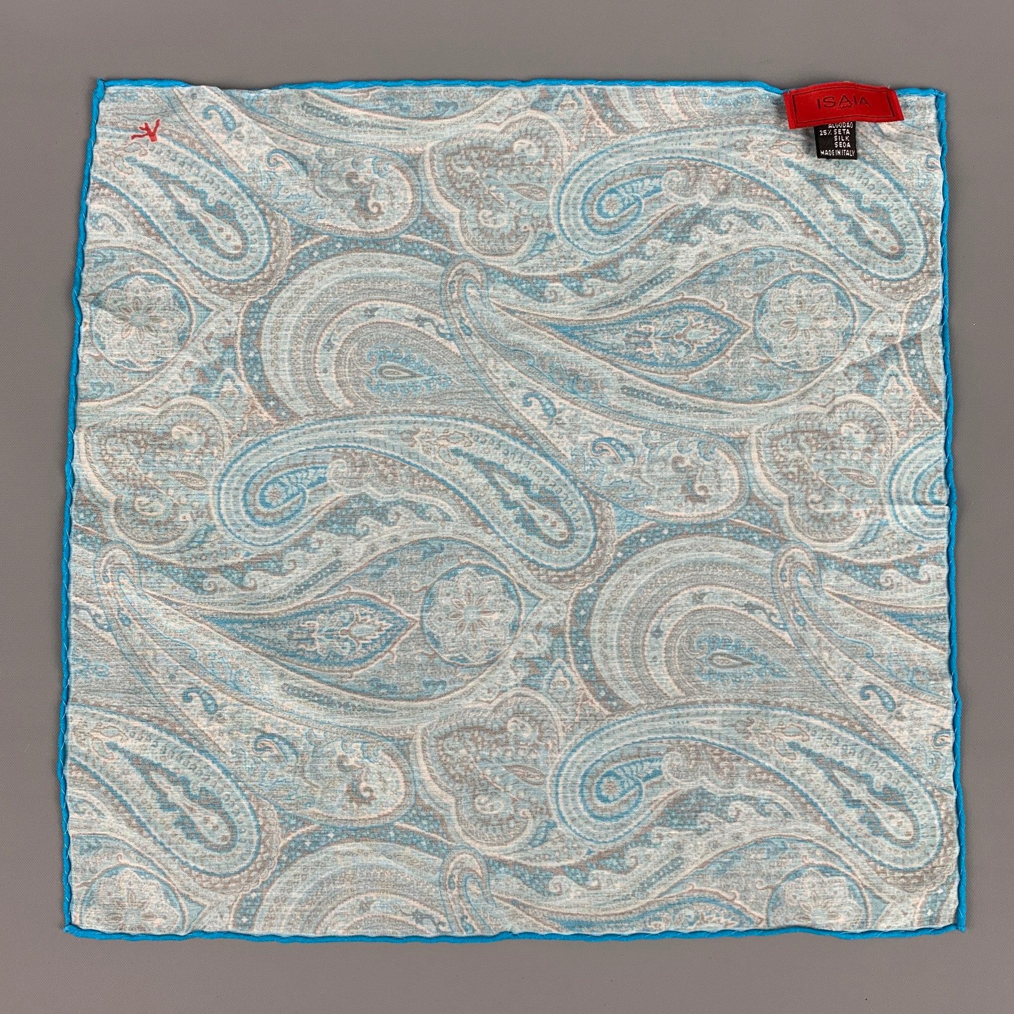 ISAIA pocket square comes in a turquoise & taupe paisley print cotton. Made in Italy.
Very Good
Pre-Owned Condition. 

Measurements: 
  12 inches  x 11.5 inches 
  
  
 
Reference: 114856
Category: Pocket Square
More Details
    
Brand: 