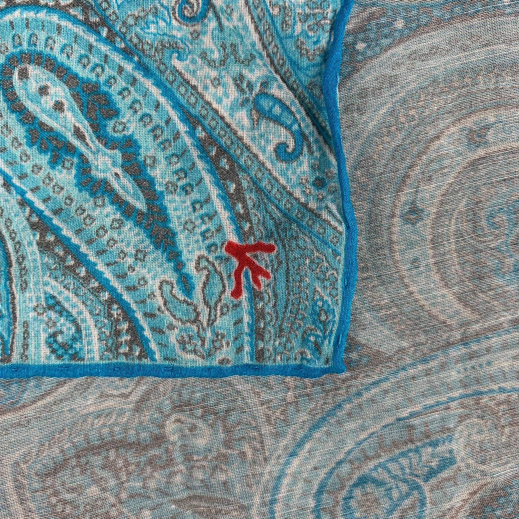 ISAIA Turquoise Taupe Paisley Cotton Silk Pocket Square In Good Condition For Sale In San Francisco, CA