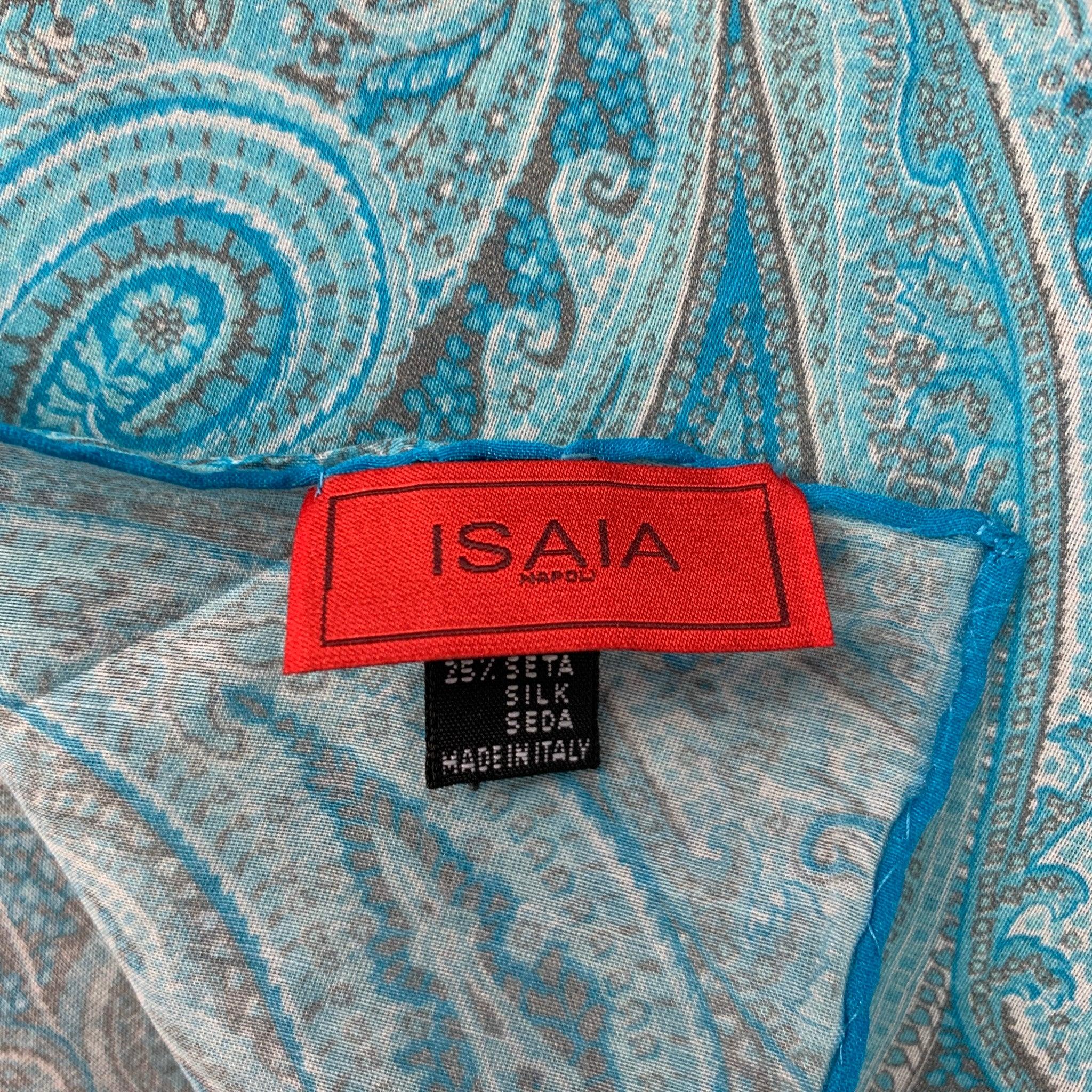 ISAIA carré de poche en coton et soie à motif cachemire turquoise et taupe en vente 1