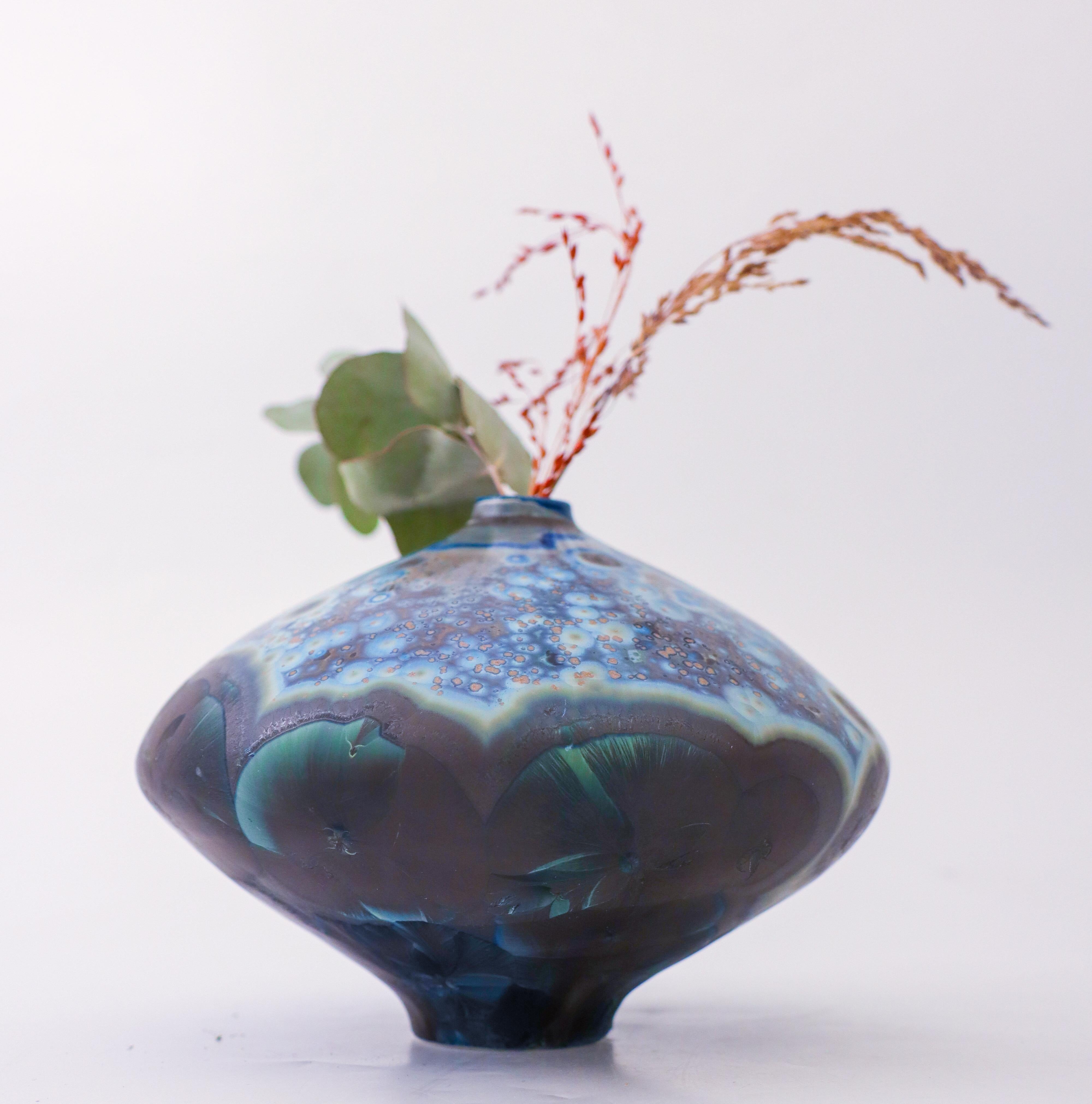 Swedish Isak Isaksson Black & Blue Ceramic Vase Crystalline Glaze Contemporary Artist For Sale