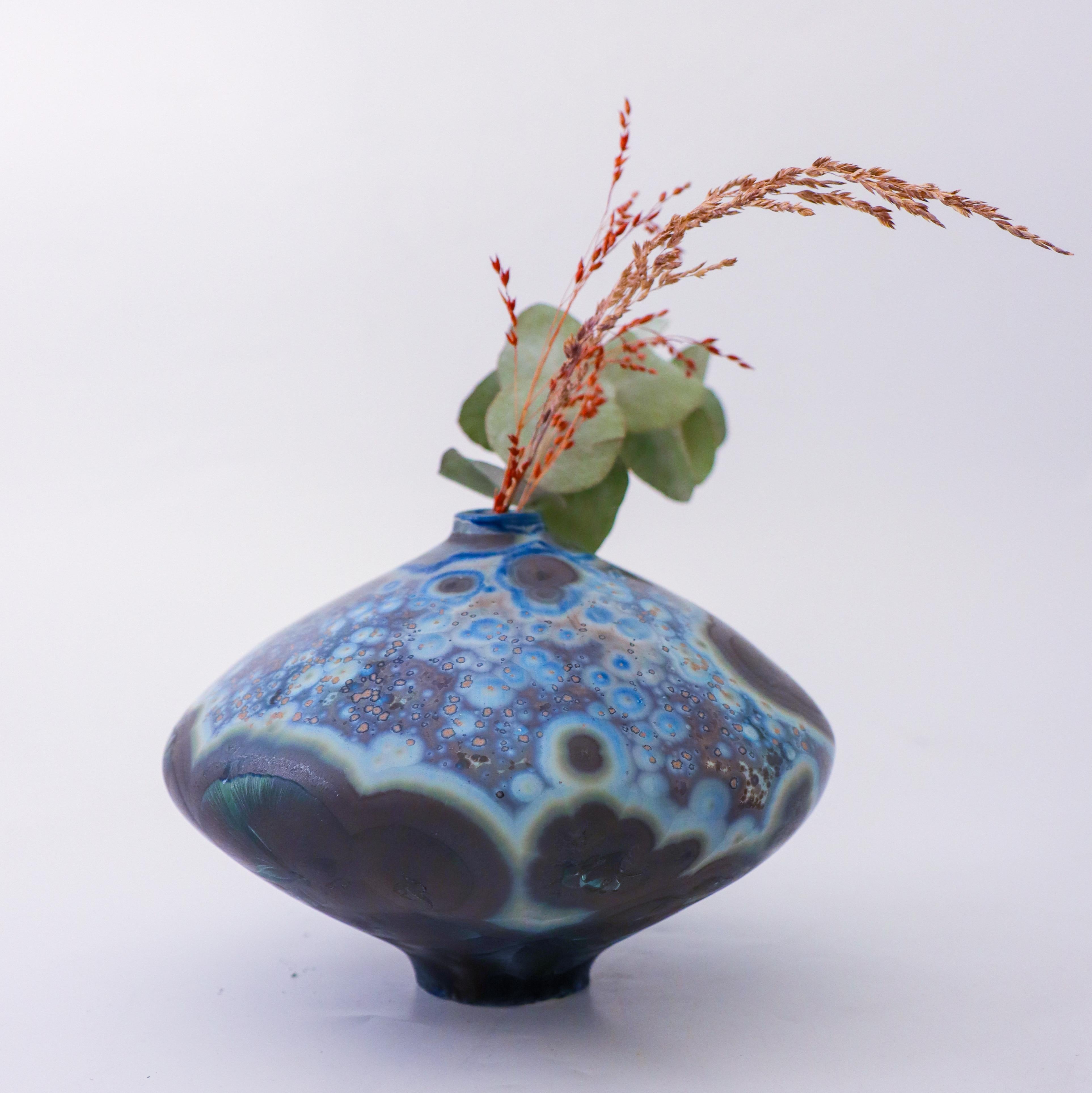 Glazed Isak Isaksson Black & Blue Ceramic Vase Crystalline Glaze Contemporary Artist For Sale