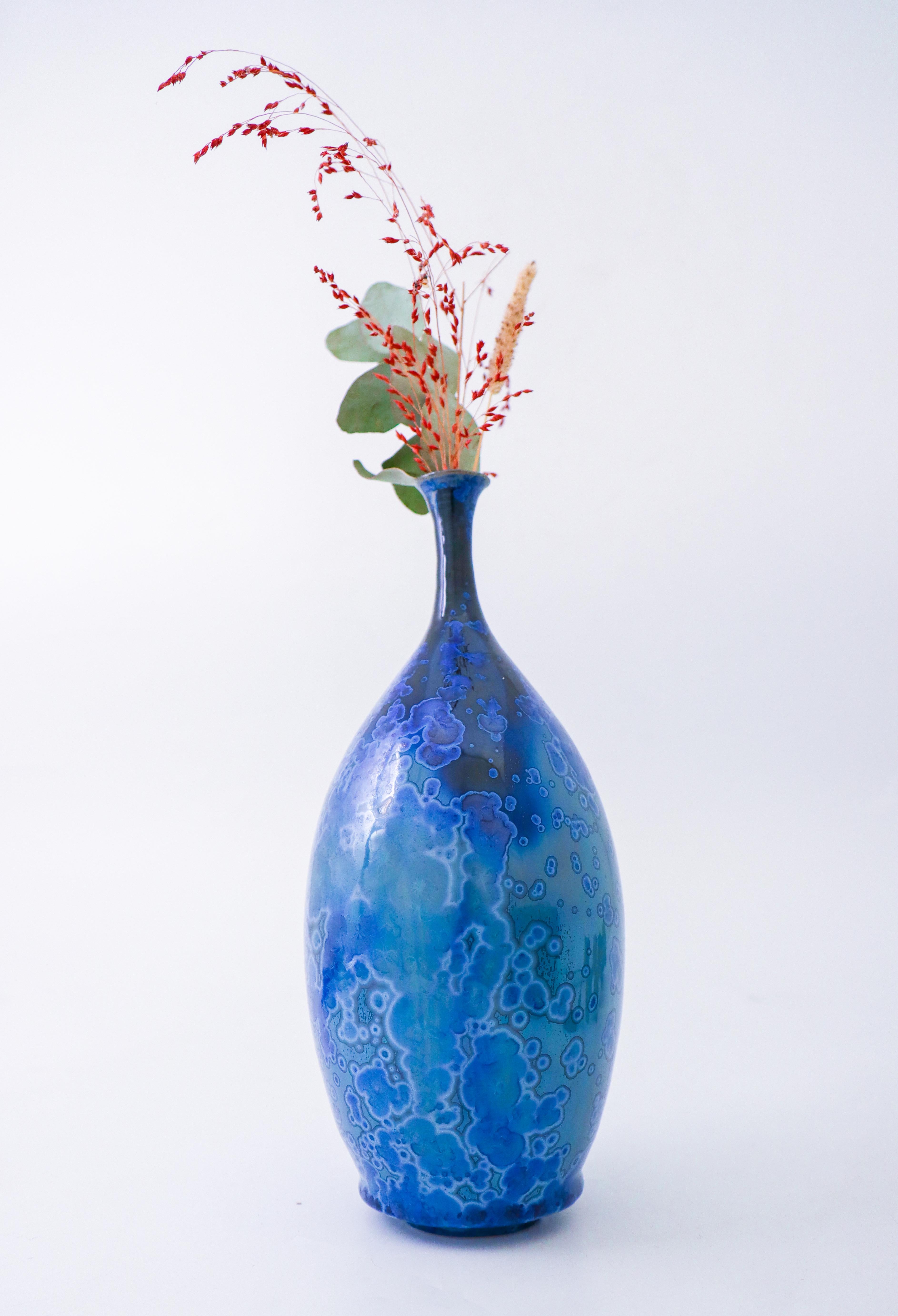 Scandinavian Modern Isak Isaksson Blue Ceramic Vase Crystalline Glaze Contemporary Artist For Sale