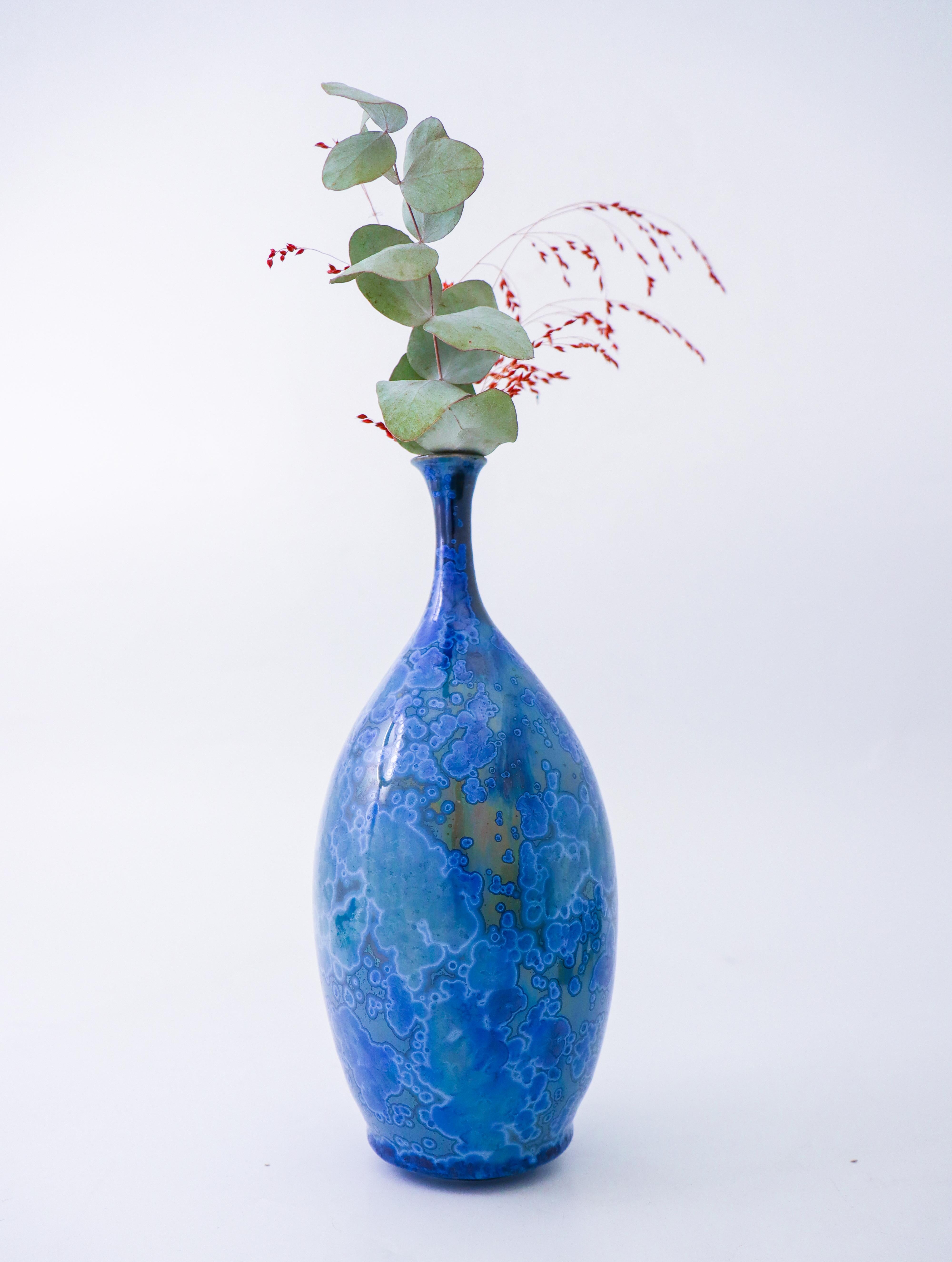 Swedish Isak Isaksson Blue Ceramic Vase Crystalline Glaze Contemporary Artist For Sale