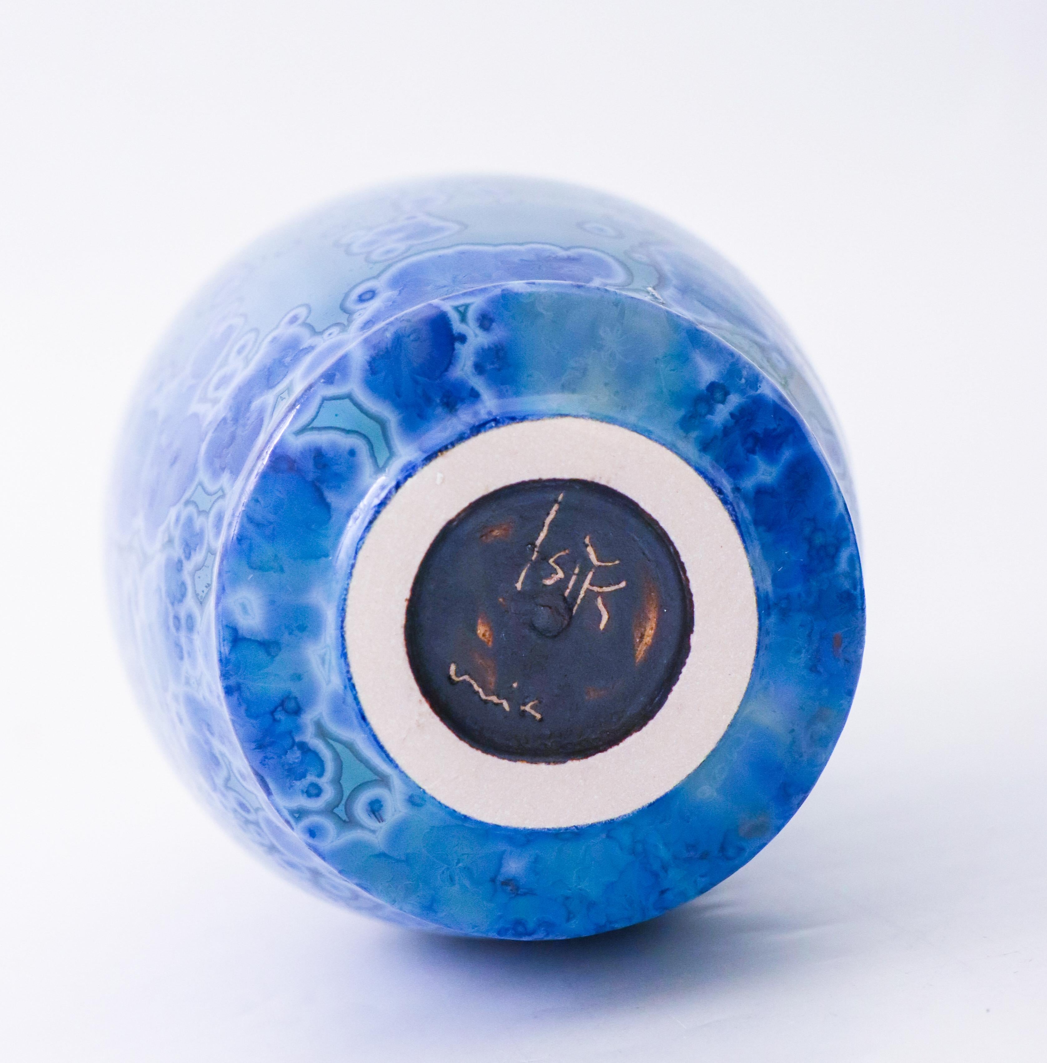 Glazed Isak Isaksson Blue Ceramic Vase Crystalline Glaze Contemporary Artist For Sale