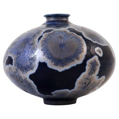 Isak Isaksson Blue Ceramic Vase, silver Crystalline Glaze Contemporary Artist