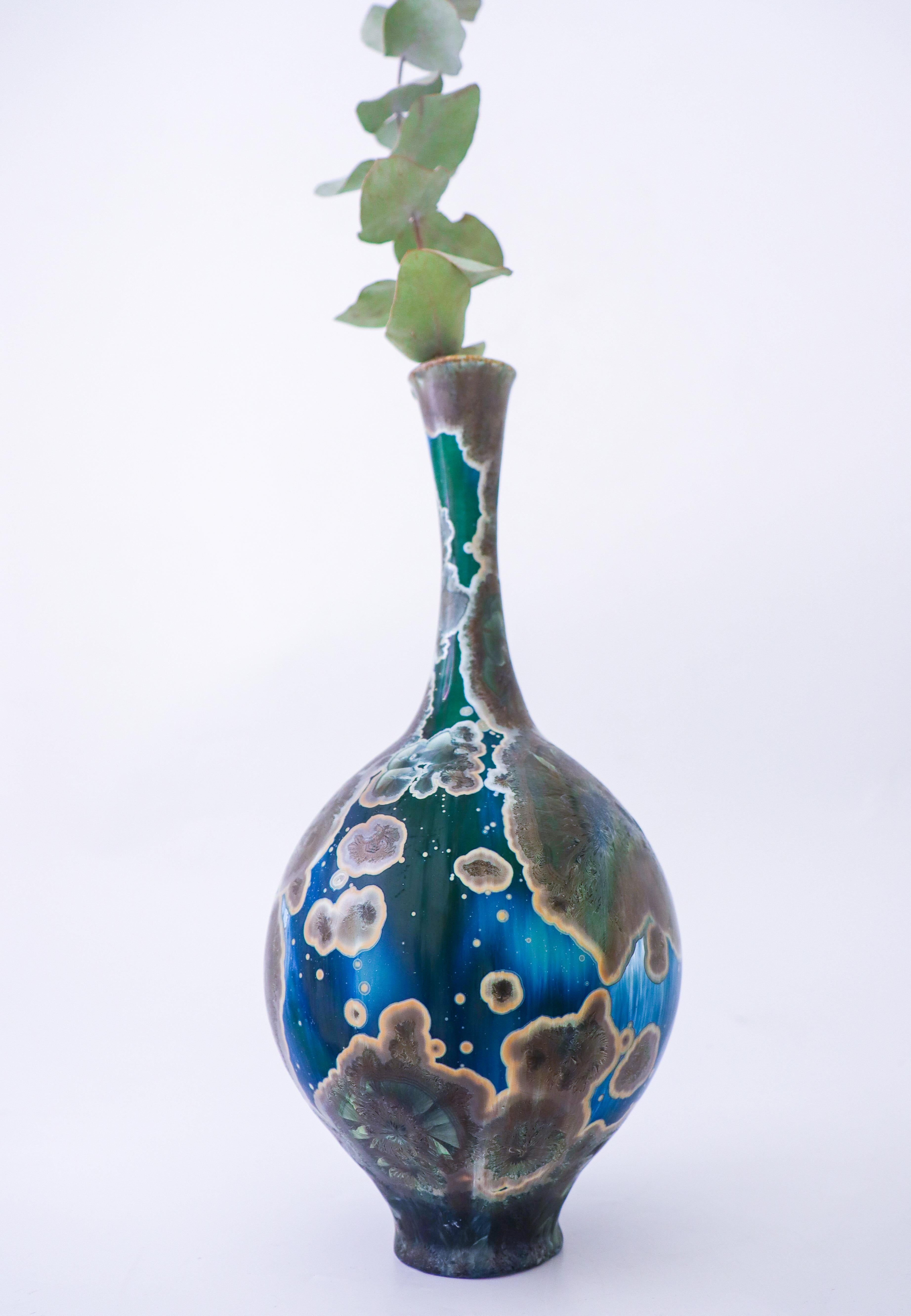 Scandinavian Modern Isak Isaksson Blue & Green Ceramic Vase Crystalline Glaze Contemporary Space For Sale