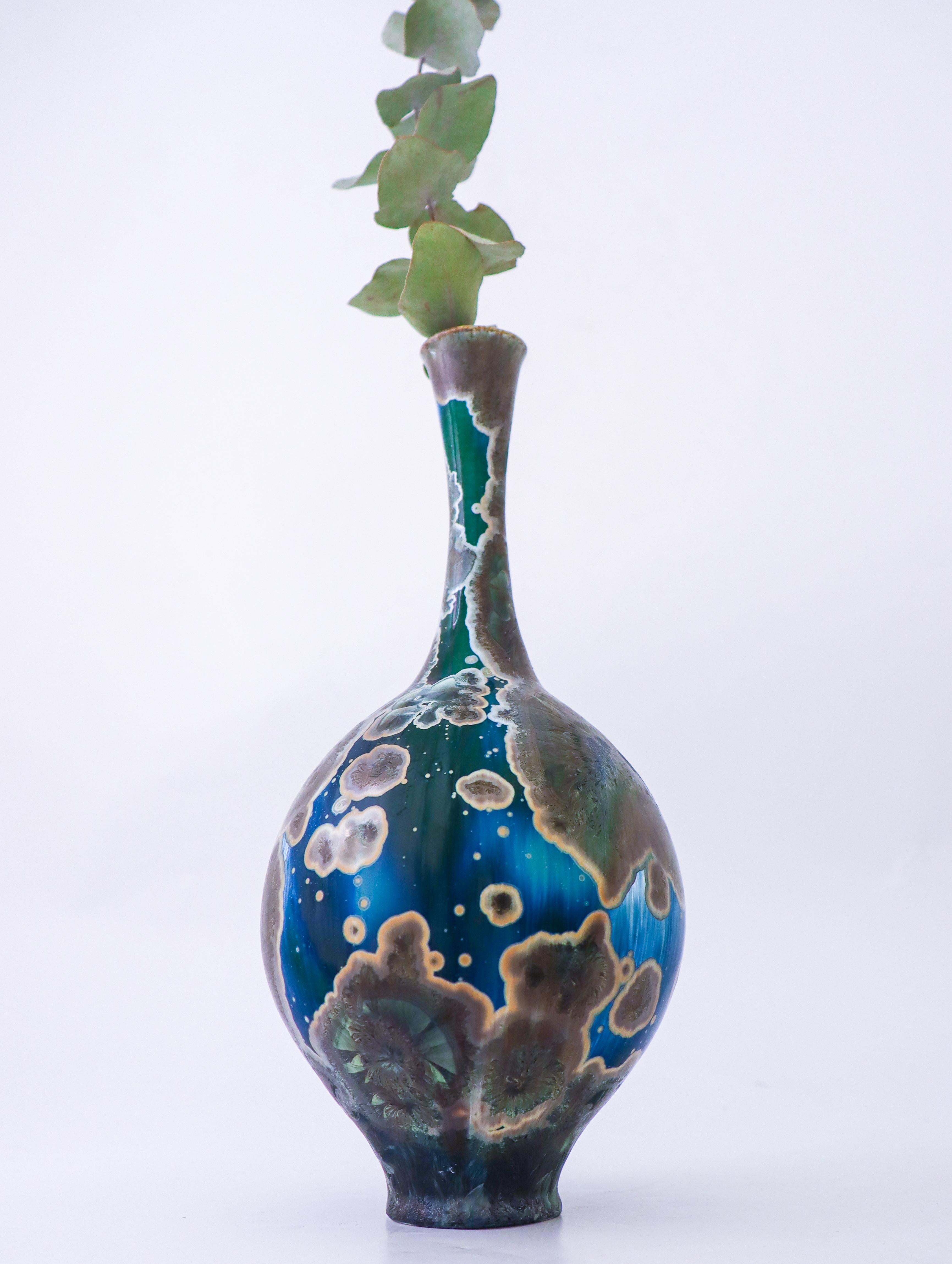 Swedish Isak Isaksson Blue & Green Ceramic Vase Crystalline Glaze Contemporary Space For Sale