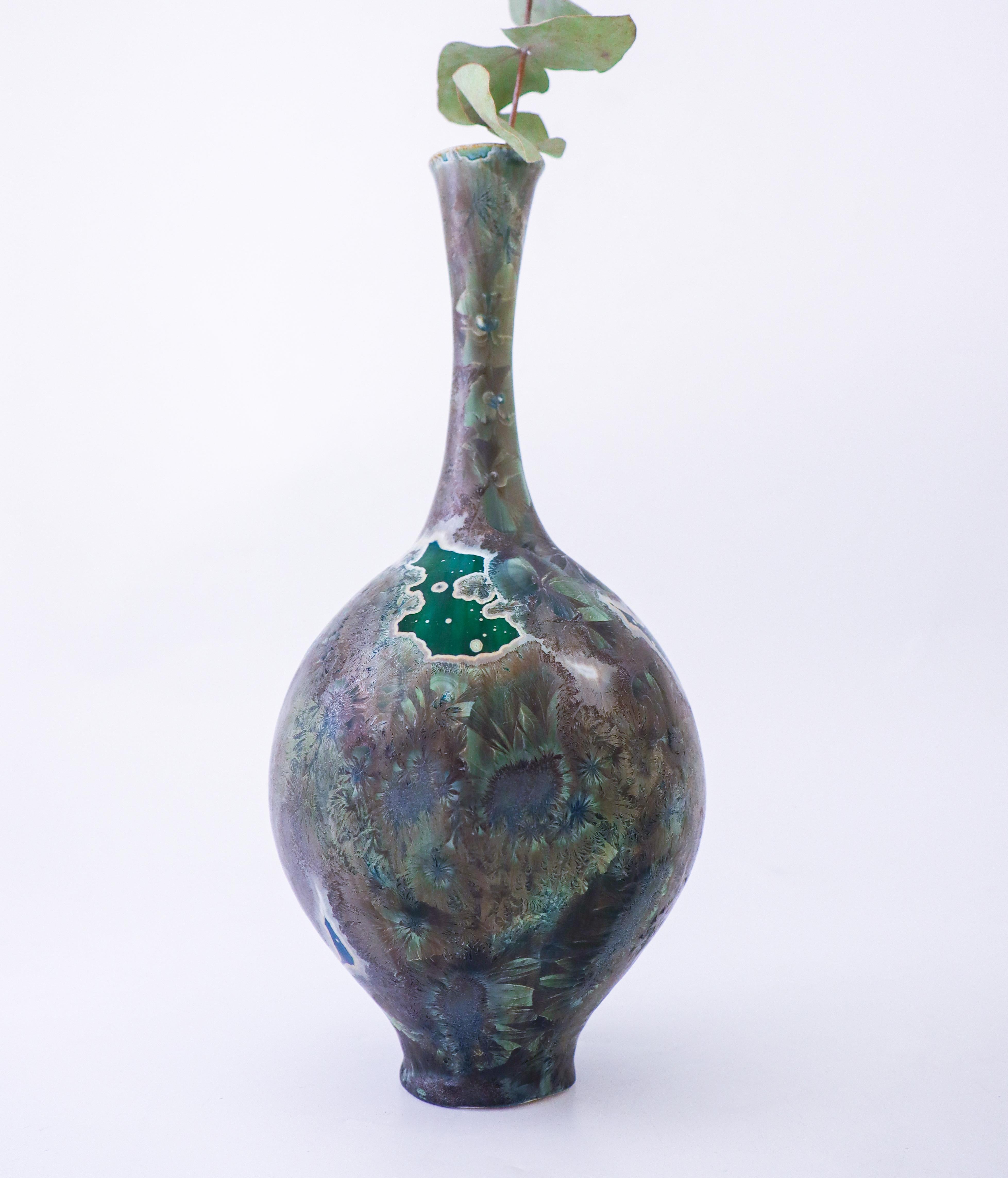 Glazed Isak Isaksson Blue & Green Ceramic Vase Crystalline Glaze Contemporary Space For Sale