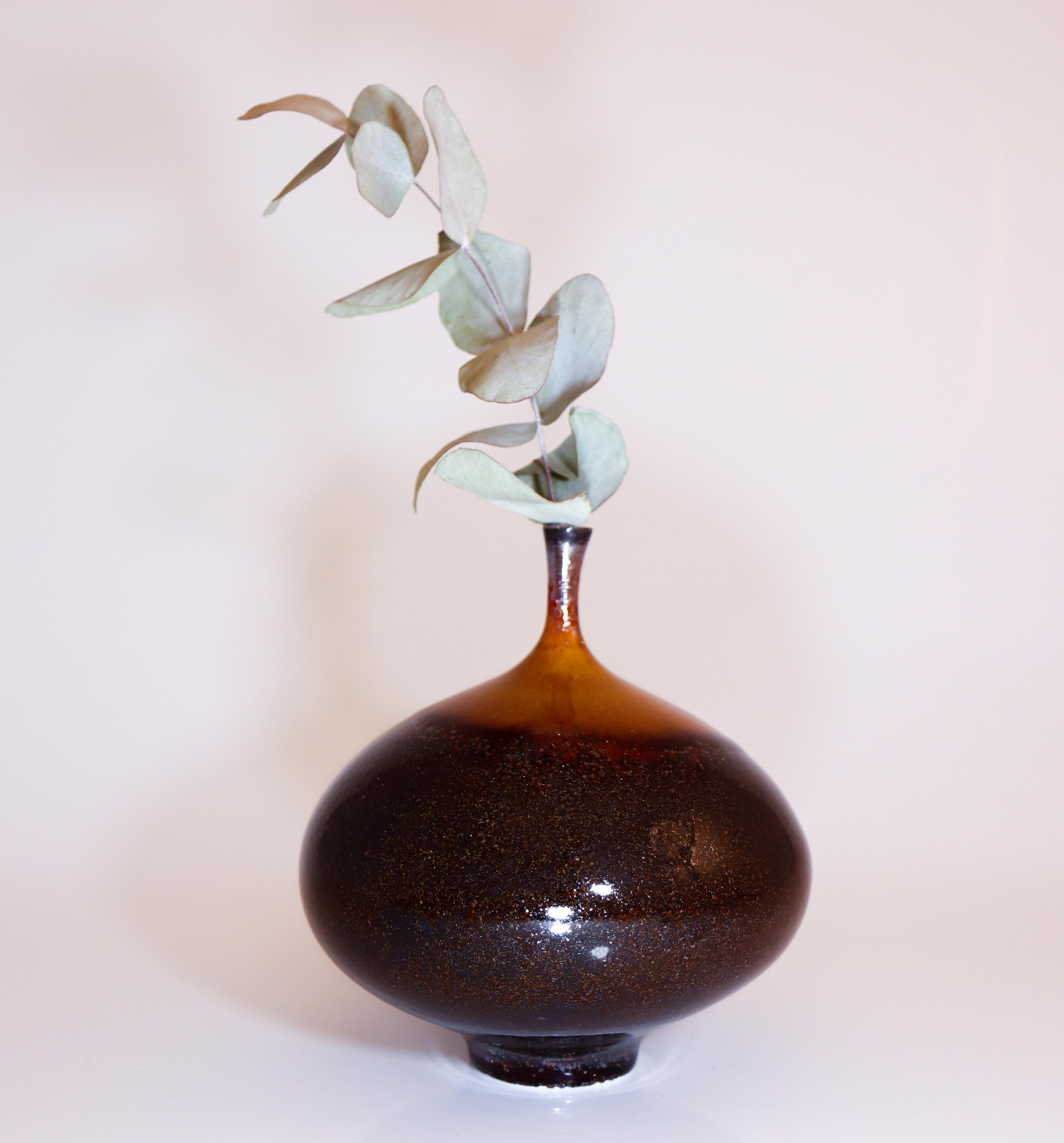 Scandinavian Modern Isak Isaksson Brown / Black Ceramic Vase - Crystalline Glaze Contemporary Artist For Sale