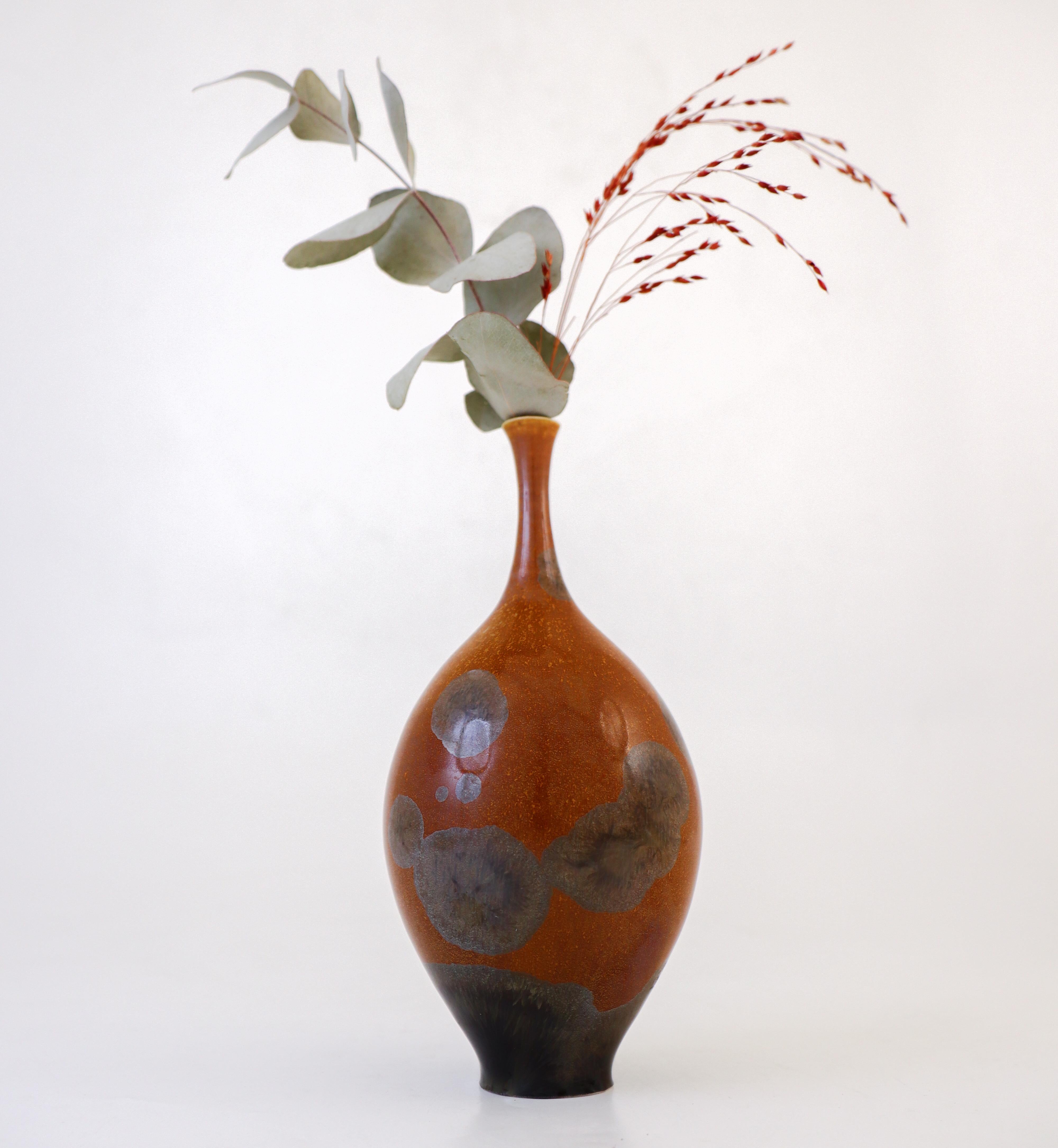Glazed Isak Isaksson Brown Ceramic Vase, silver Crystalline Glaze Contemporary Artist