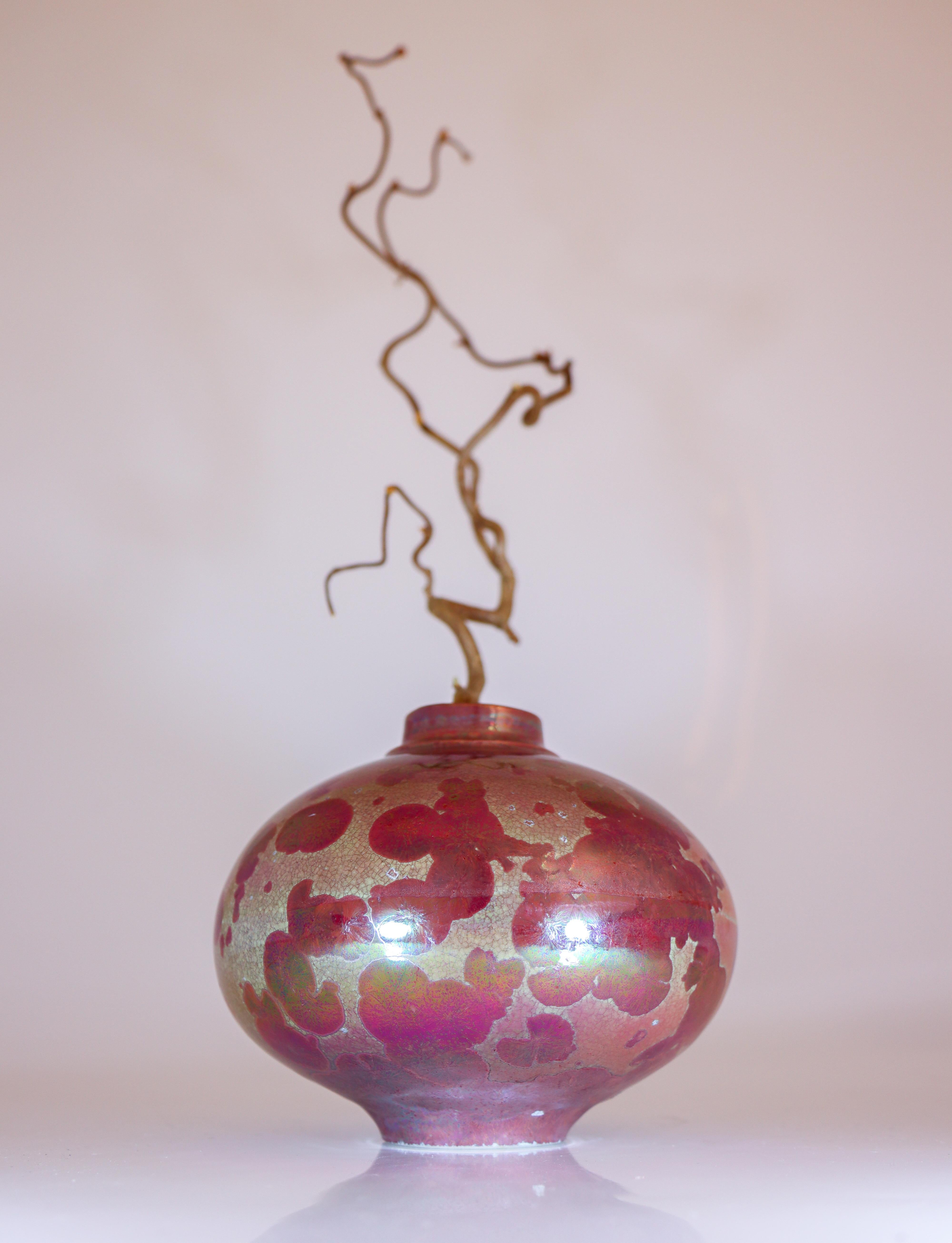 Scandinavian Modern Isak Isaksson Ceramic Vase -Glossy Pink Crystalline Glaze Contemporary Artist For Sale