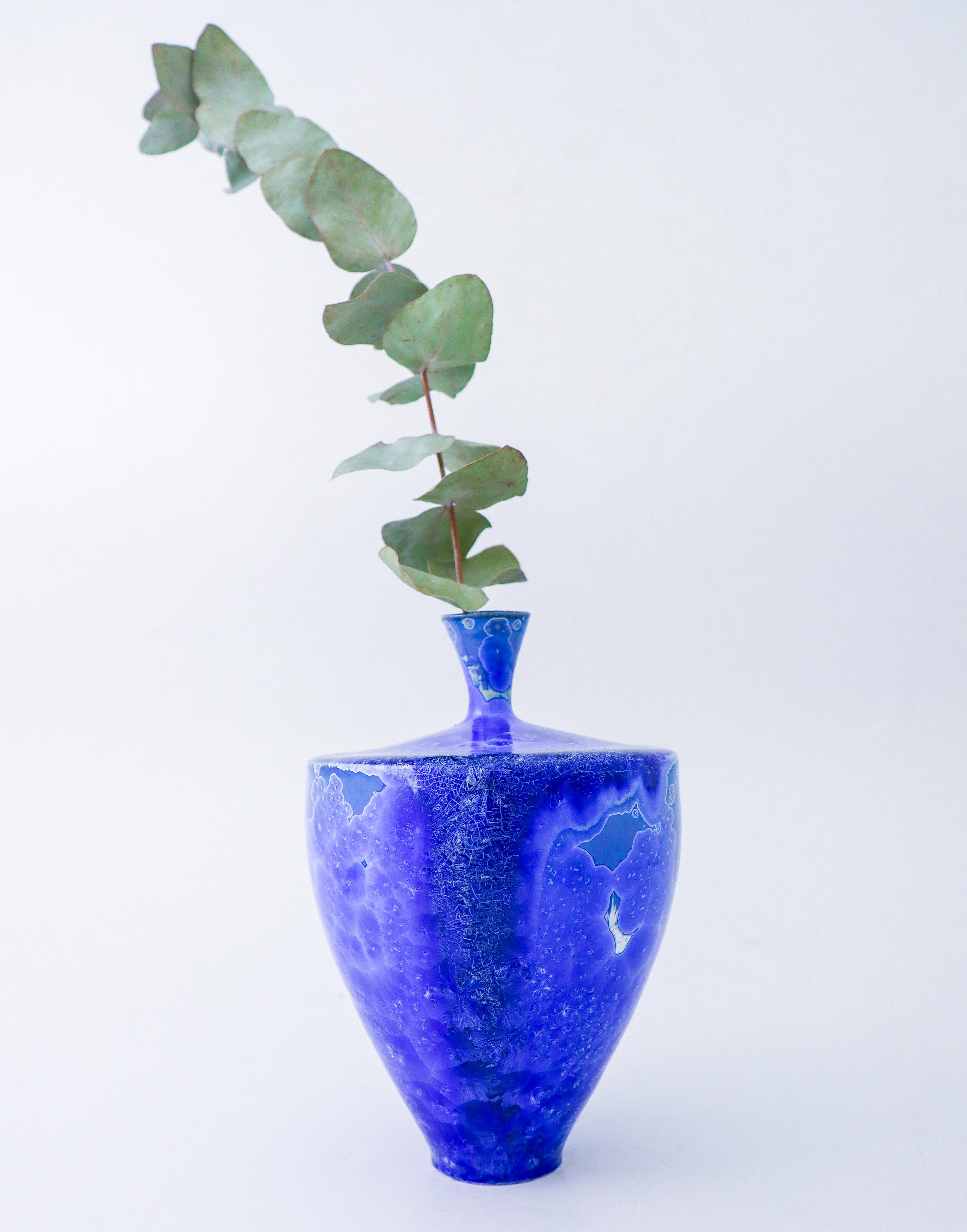 Glazed Isak Isaksson Deep Blue Ceramic Vase Crystalline Glaze Contemporary Artist For Sale