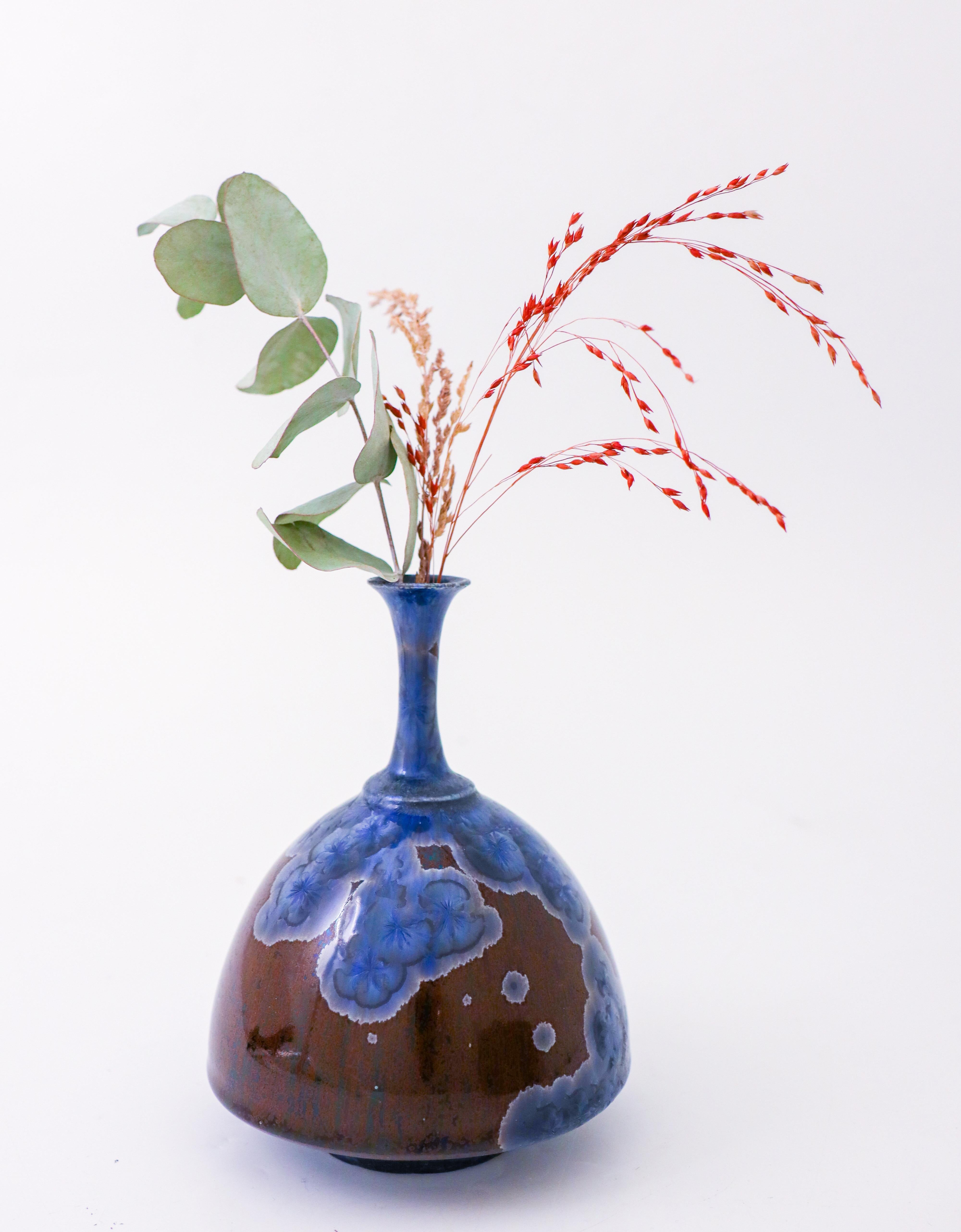 Scandinavian Modern Isak Isaksson Deep Blue Ceramic Vase Crystalline Glaze Contemporary Space For Sale