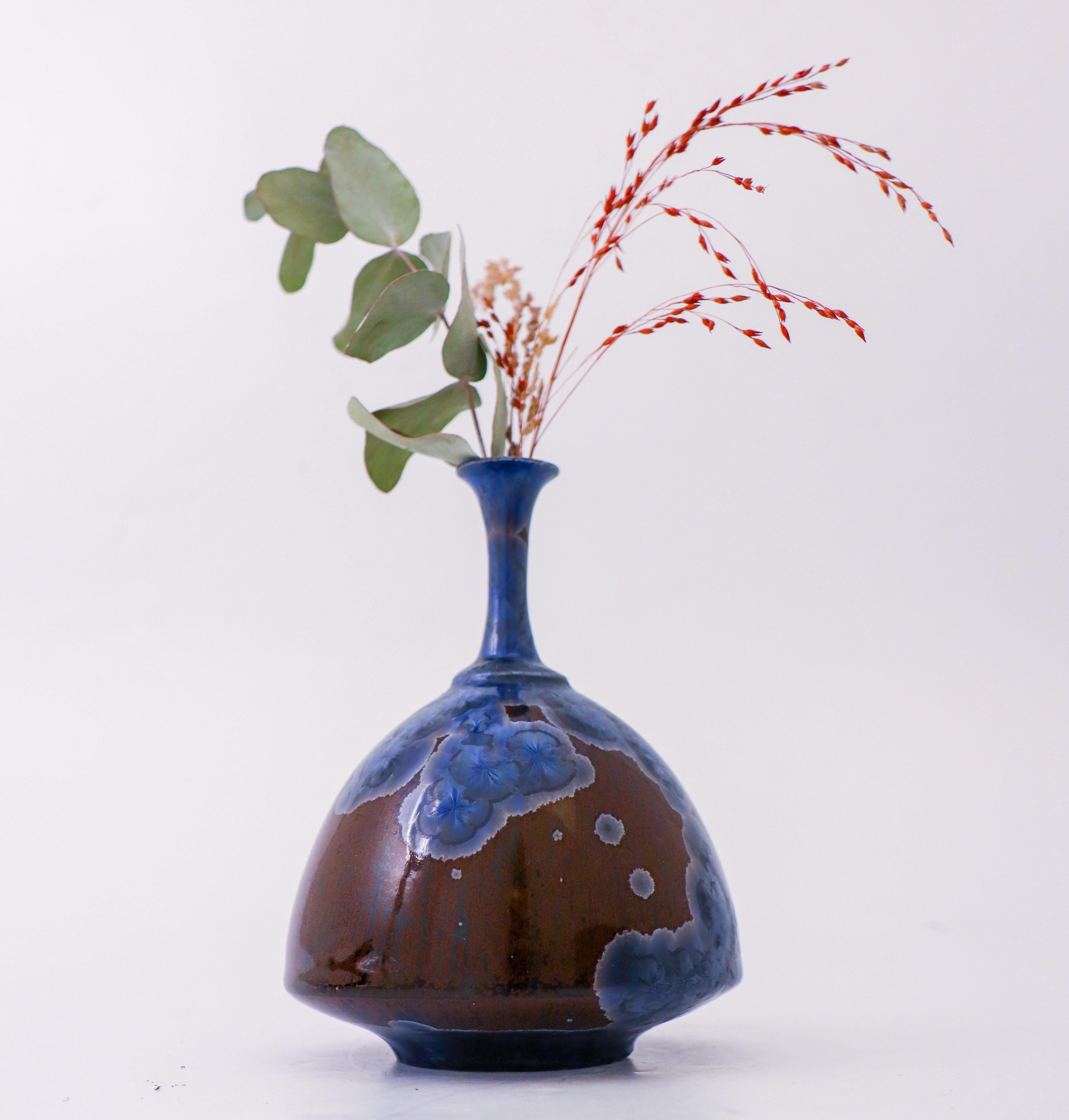 Glazed Isak Isaksson Deep Blue Ceramic Vase Crystalline Glaze Contemporary Space For Sale