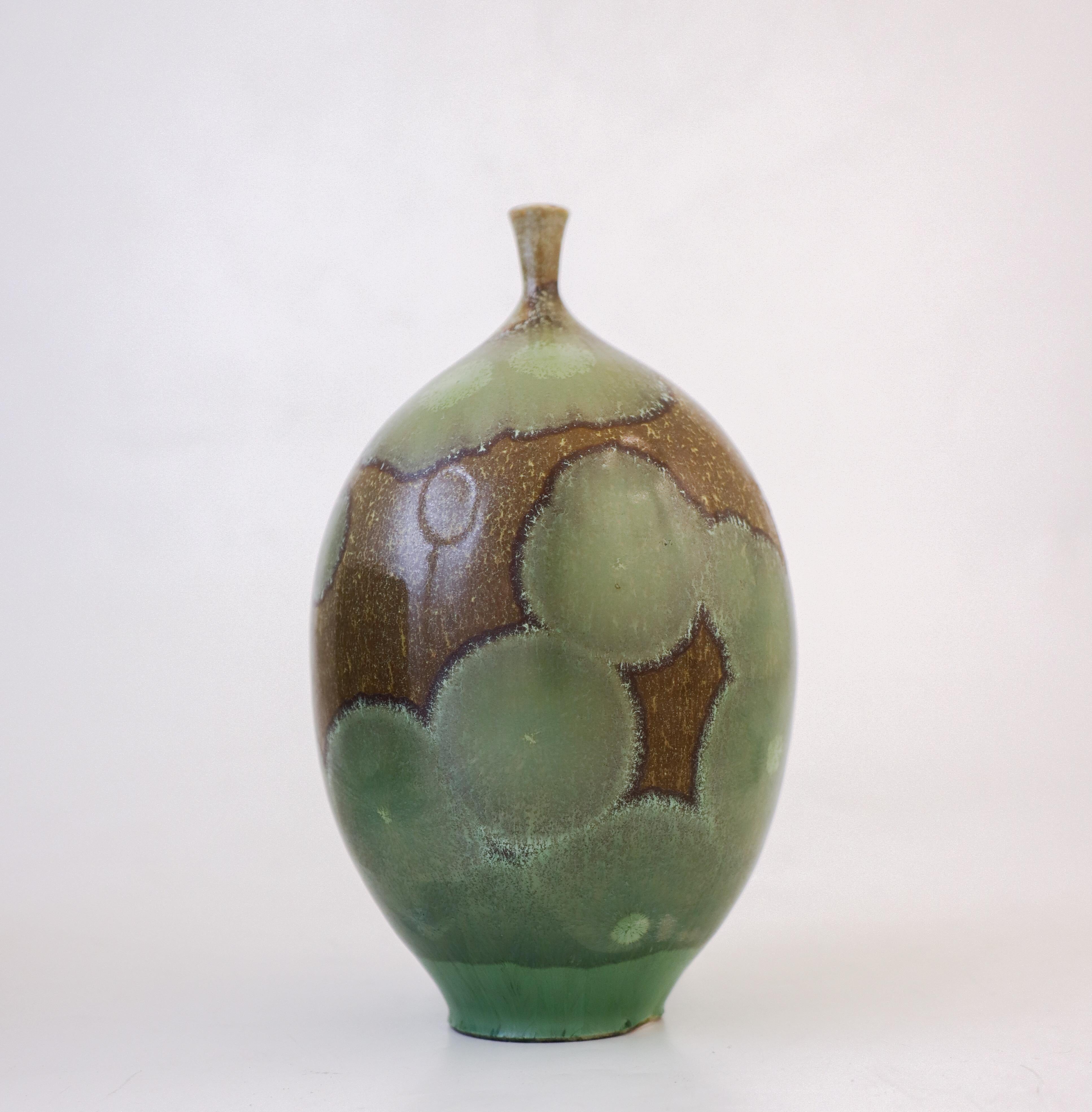 Scandinavian Modern Isak Isaksson - Green & Brown Ceramic Vase Crystalline Glaze Contemporary Artist