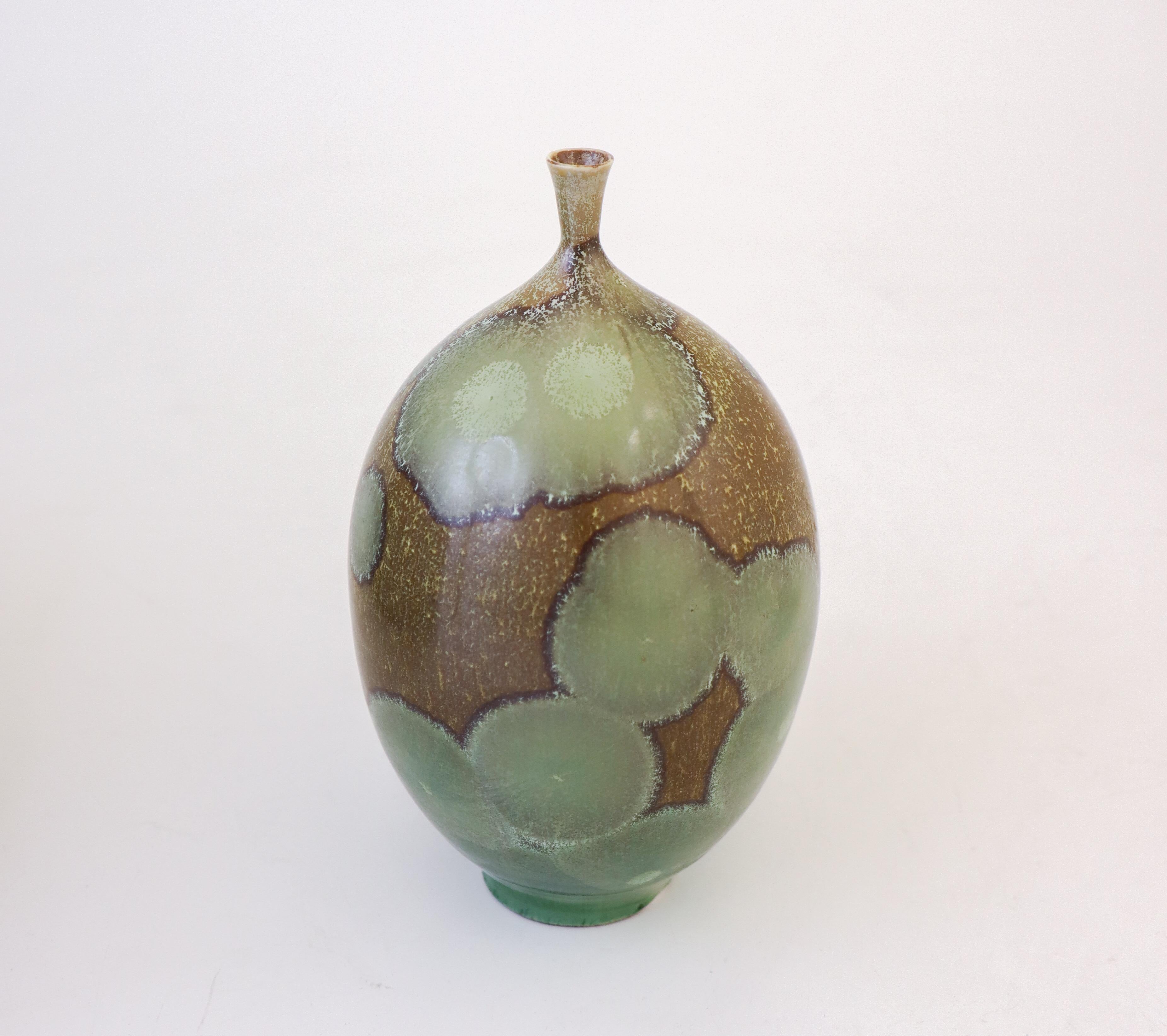 Swedish Isak Isaksson - Green & Brown Ceramic Vase Crystalline Glaze Contemporary Artist
